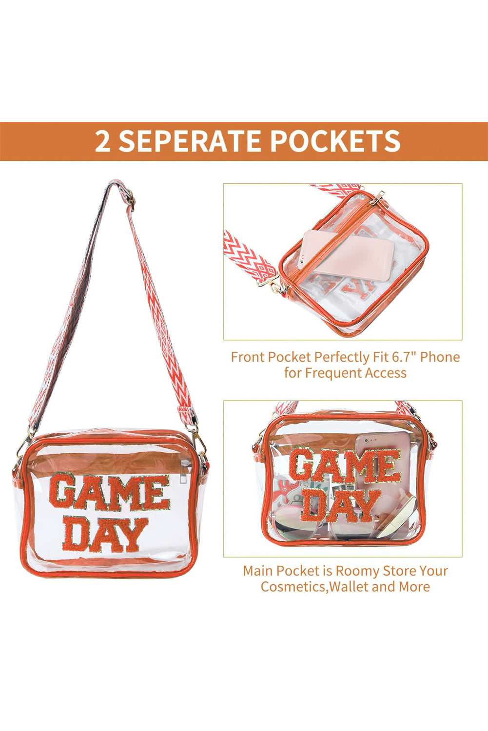 Orange Clear PVC GAME DAY Summer Fashion Single Shoulder Bag