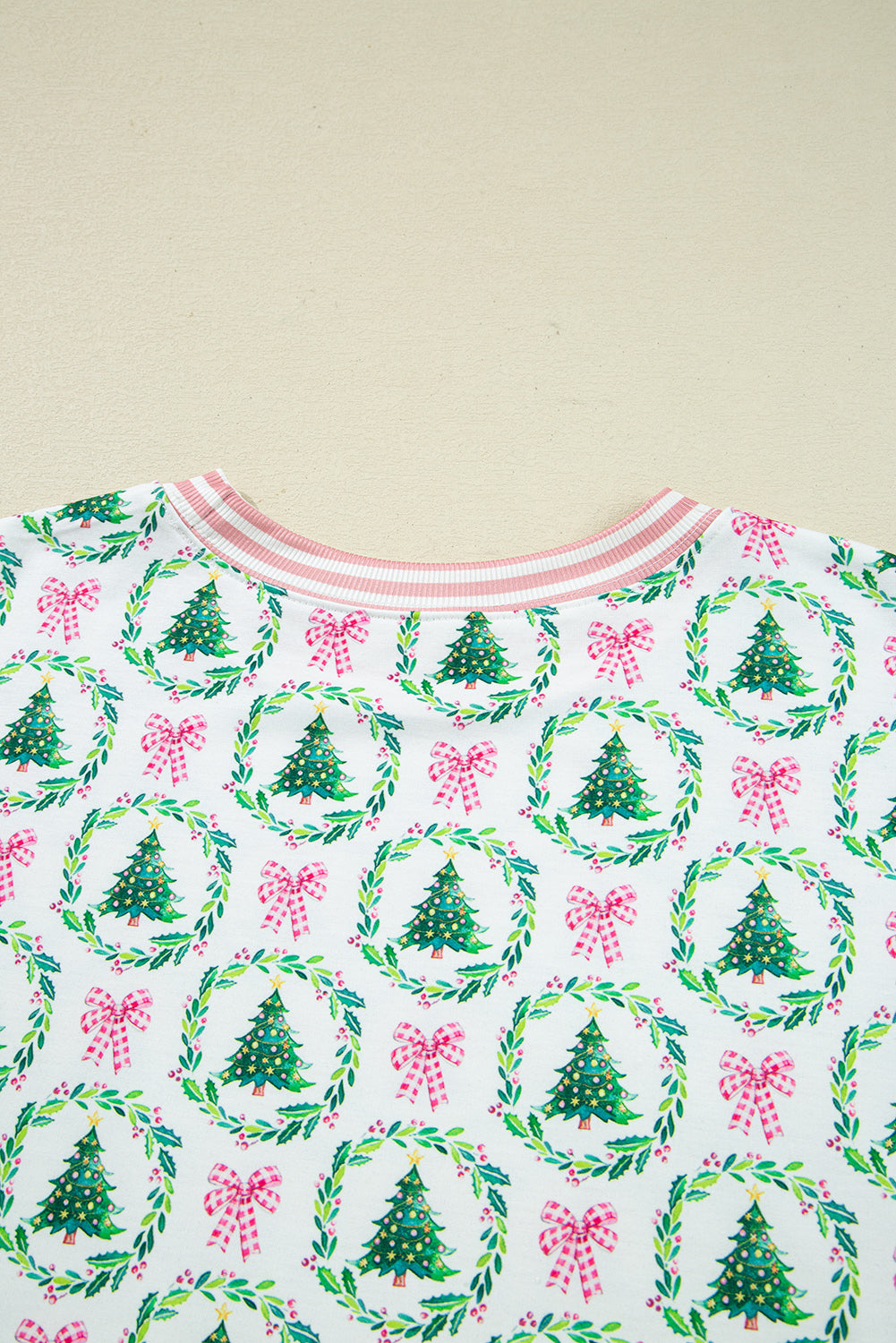 Green Bow Christmas Tree Print Contrast Striped Banding 2pcs Lounge Set