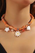 Orange Dragonfly Print Daisy Flower Pearl Crystal Decor Ribbon Necklace
