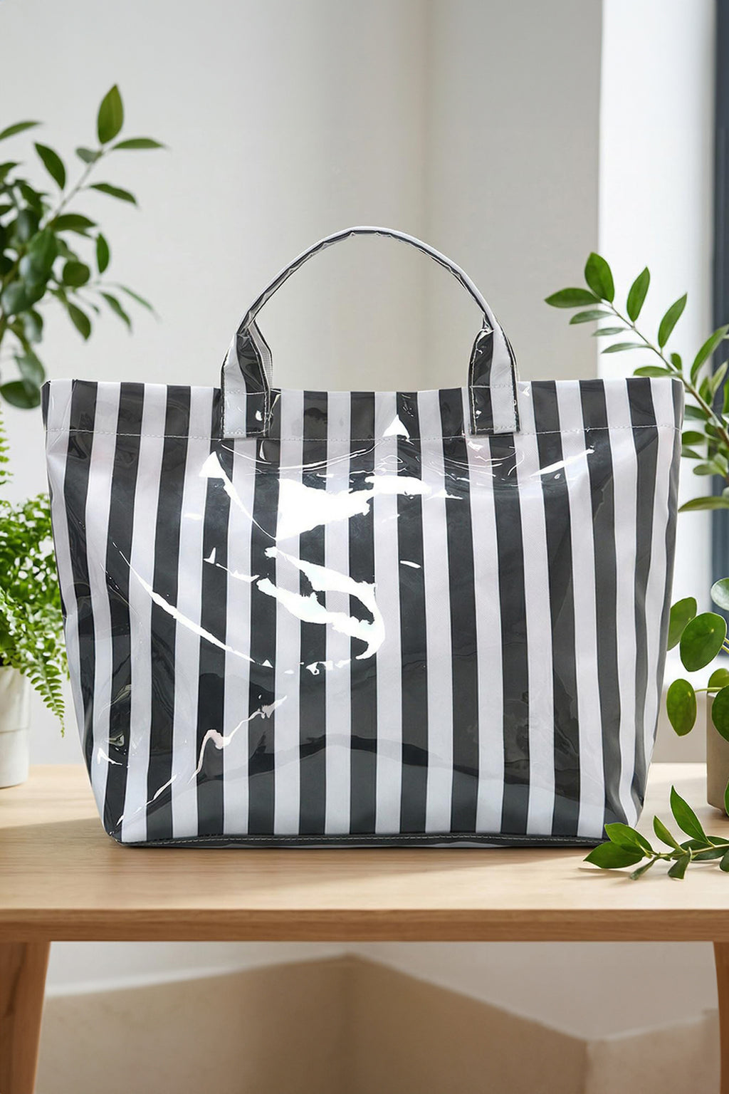 Color black Glossy Striped Vinyl Large Tote Bag (Color Varied)