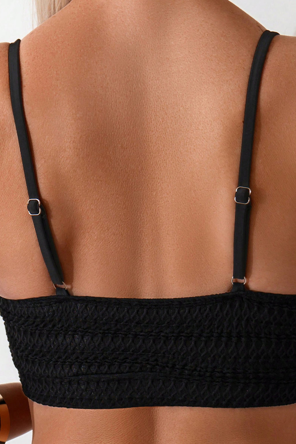 Black Solid Color Textured 2pcs High Waist Bikini Swimsuit