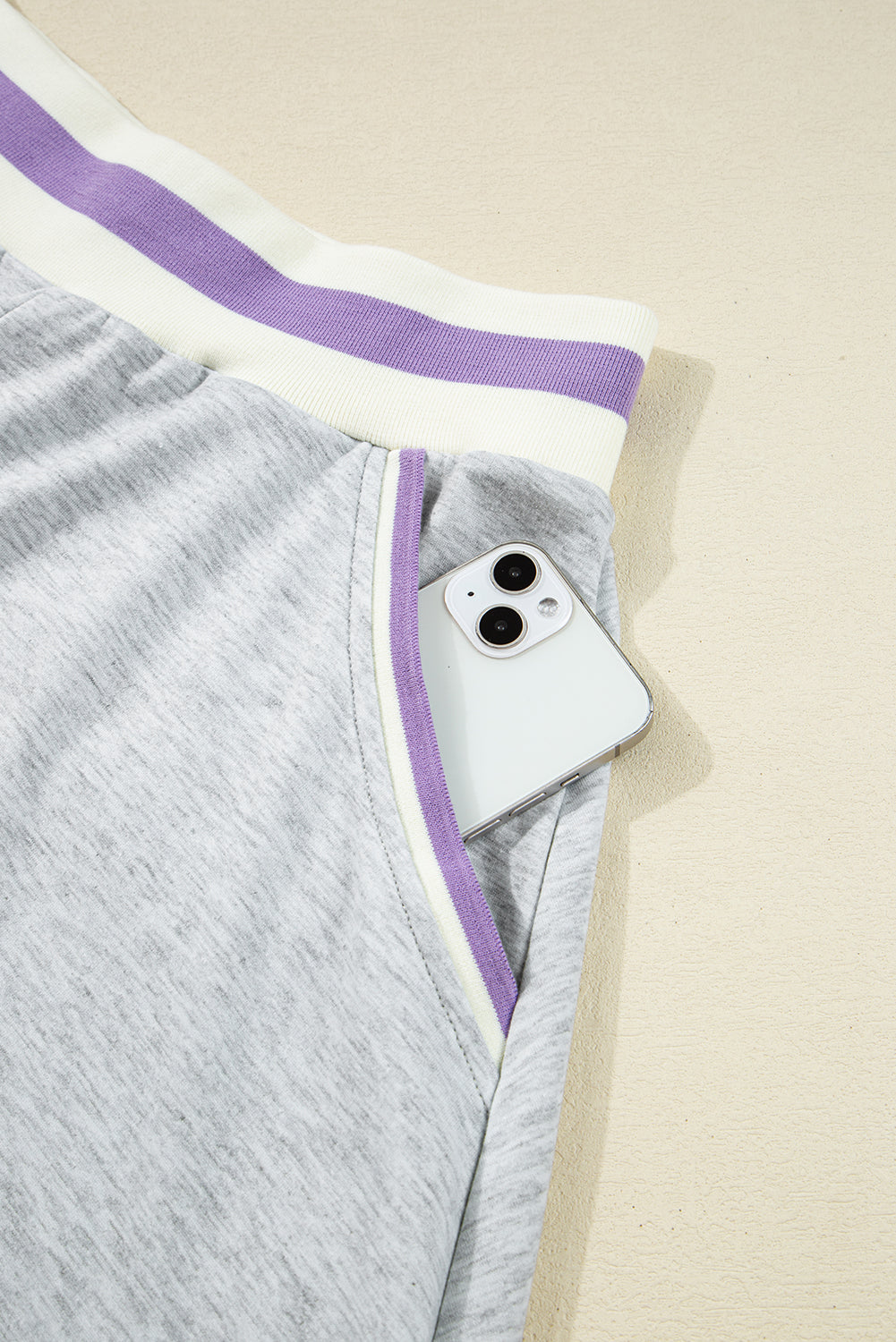 Light Grey Contrast Striped Bands Cropped Pullover and Athletic Short Set