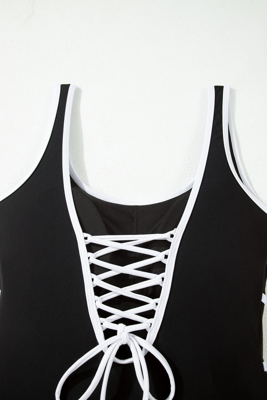 Black Contrast Trim Lace-up Back One Piece Swimsuit