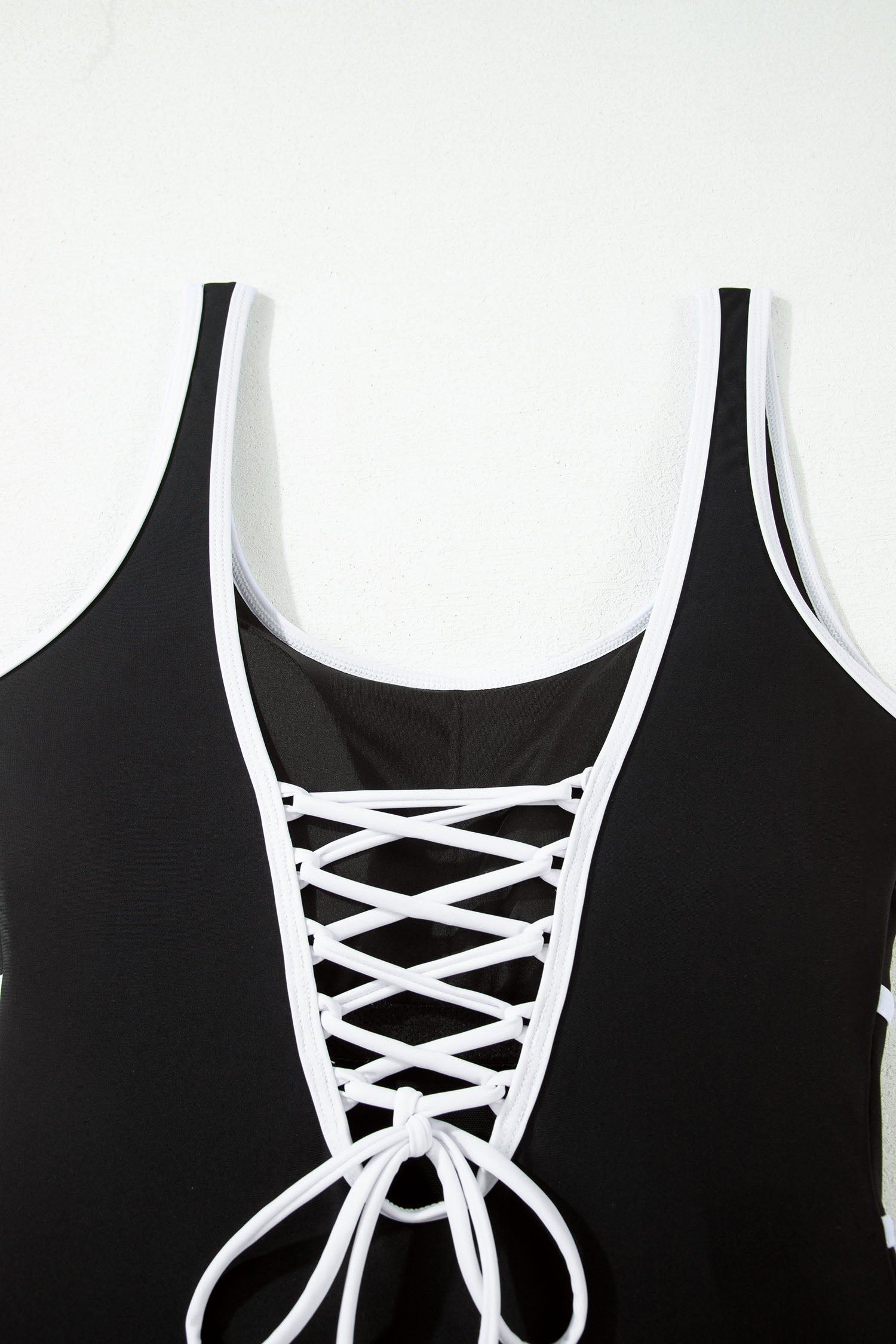 Black Contrast Trim Lace-up Back One Piece Swimsuit