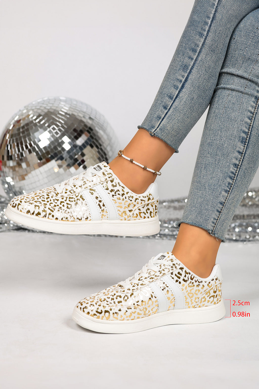 White Leopard Print PU Leather Detail Lace Up Casual Shoes