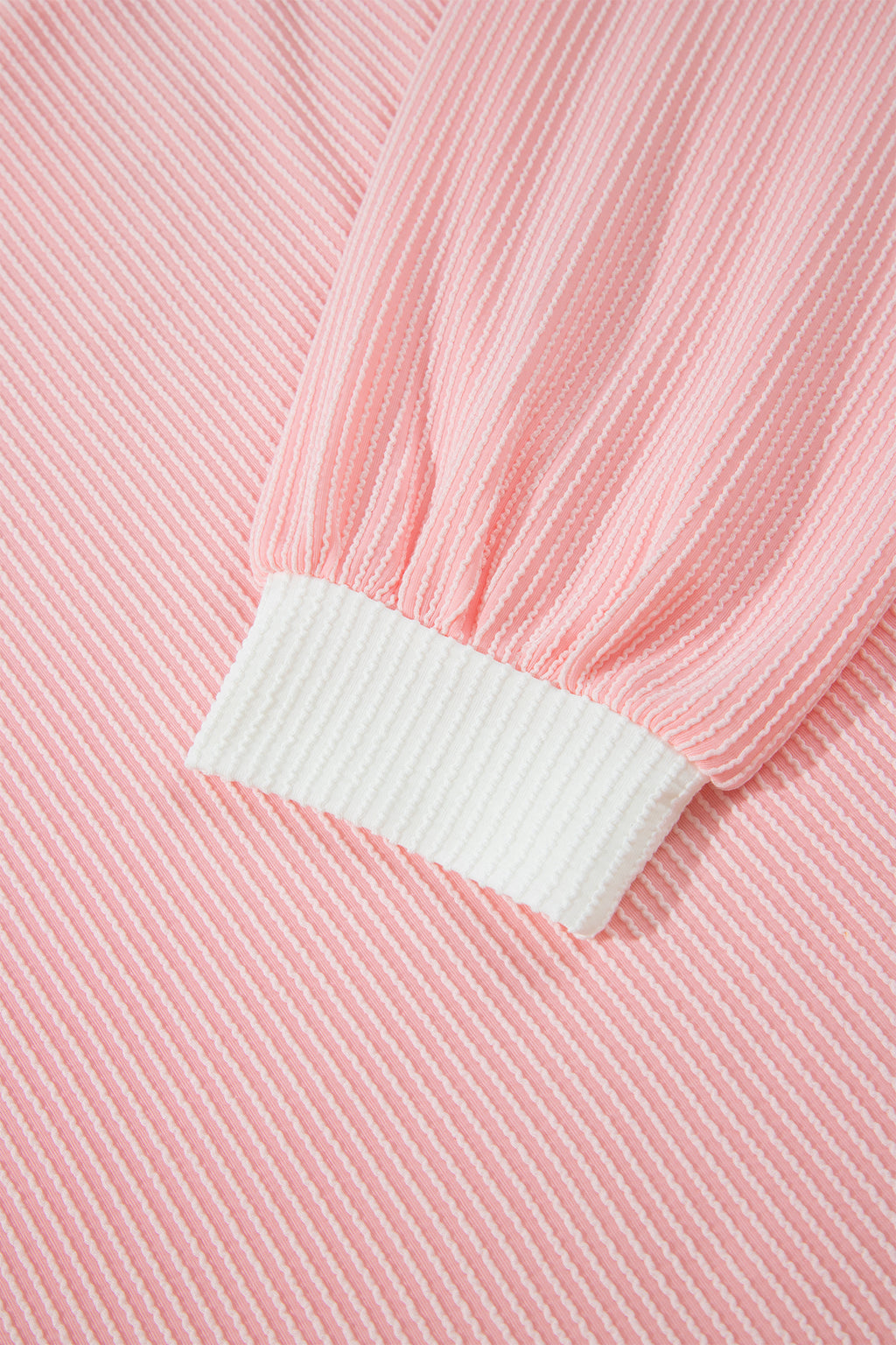 Pink Ribbed Knit Colorblock Long Sleeve Round Neck Plus Size Blouse
