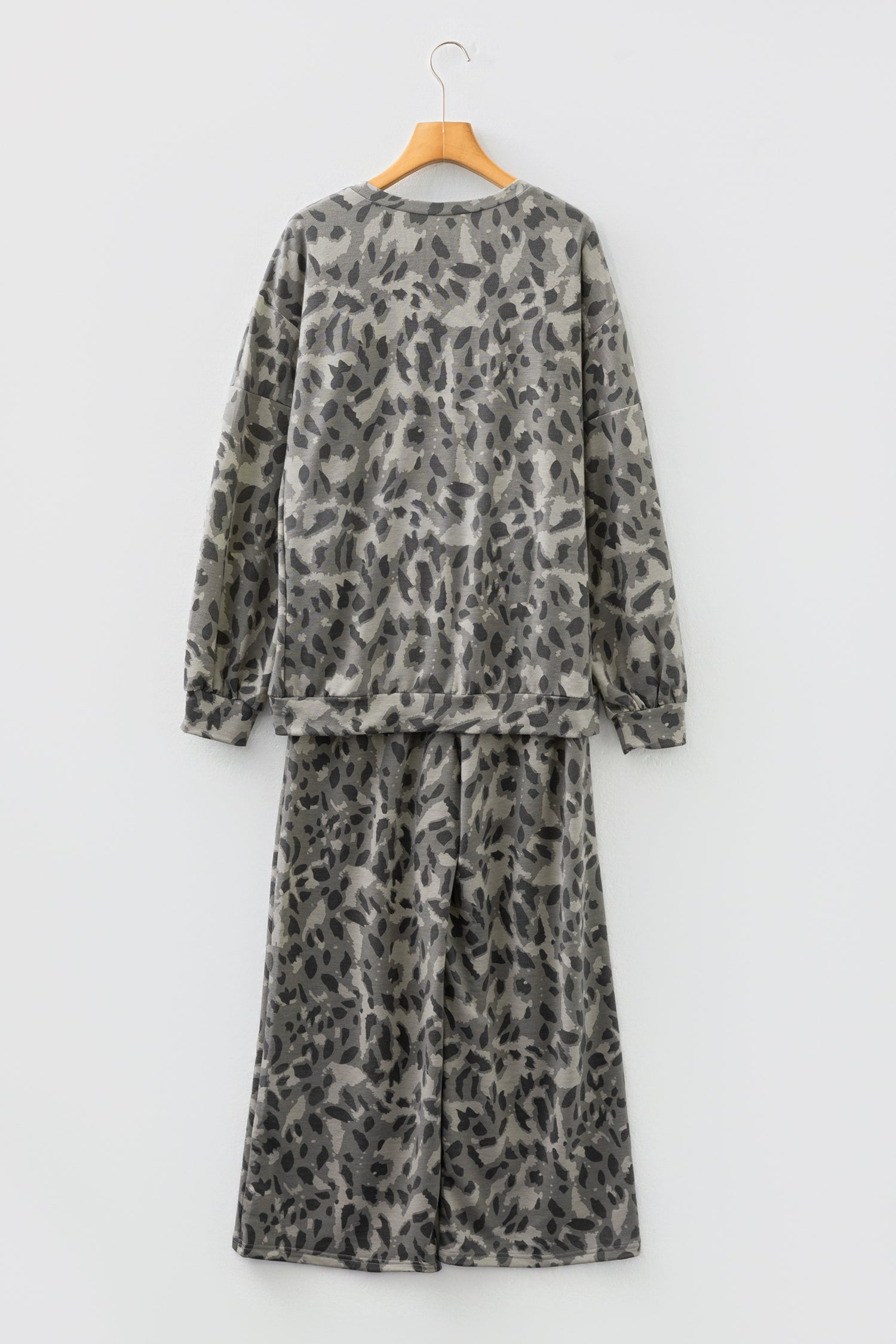 Gray Leopard Print Raw Seam Patchwork Pullover Drawstring Loose Pant Set