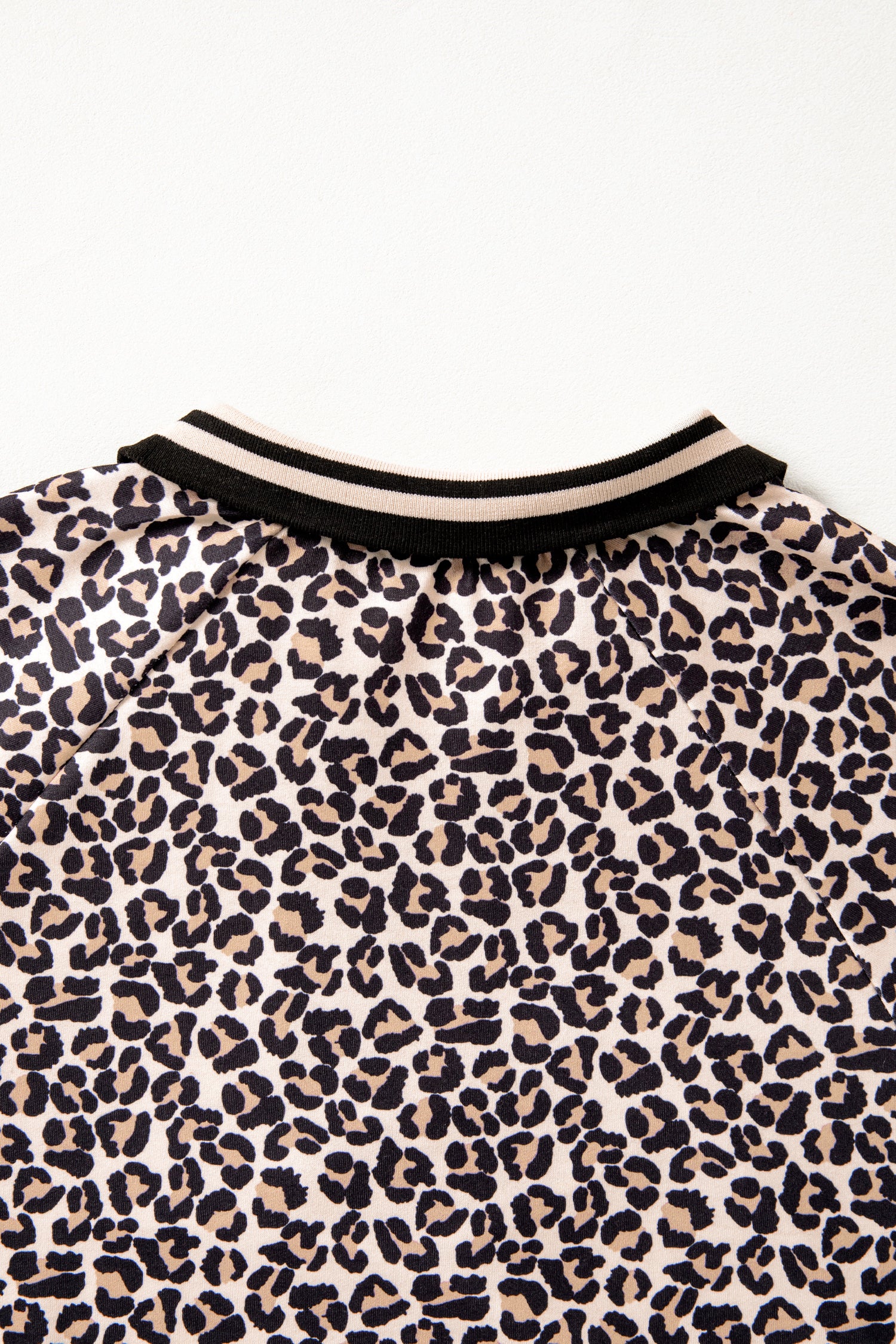 Brown Leopard Print Half Zip Striped Trim Patchwork Short Sleeve Top