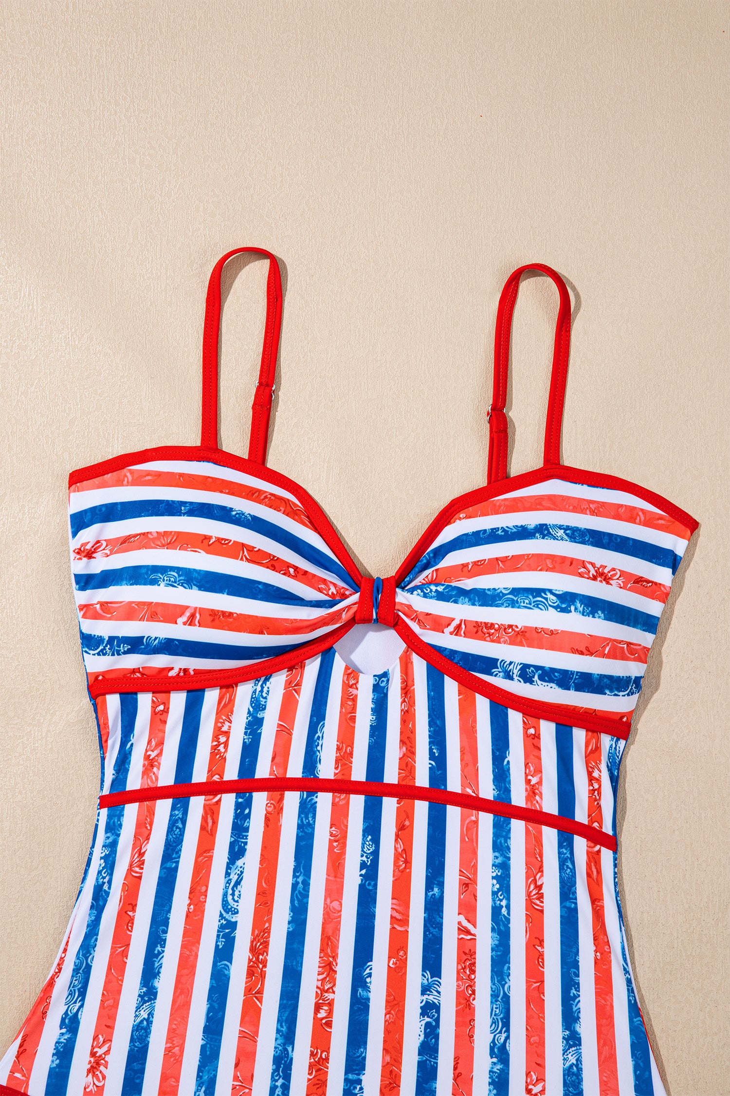 Red July 4th Stripes Impression Cutout Spaghetti Straps One Piece Swimsuit