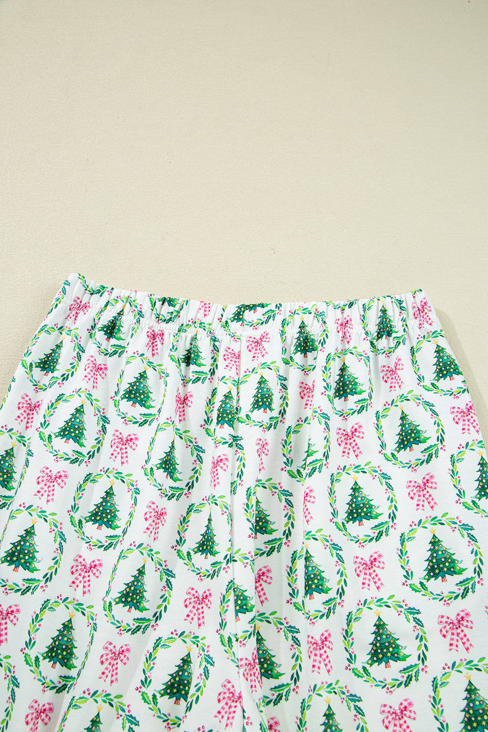 Green Bow Christmas Tree Print Contrast Striped Banding 2pcs Lounge Set