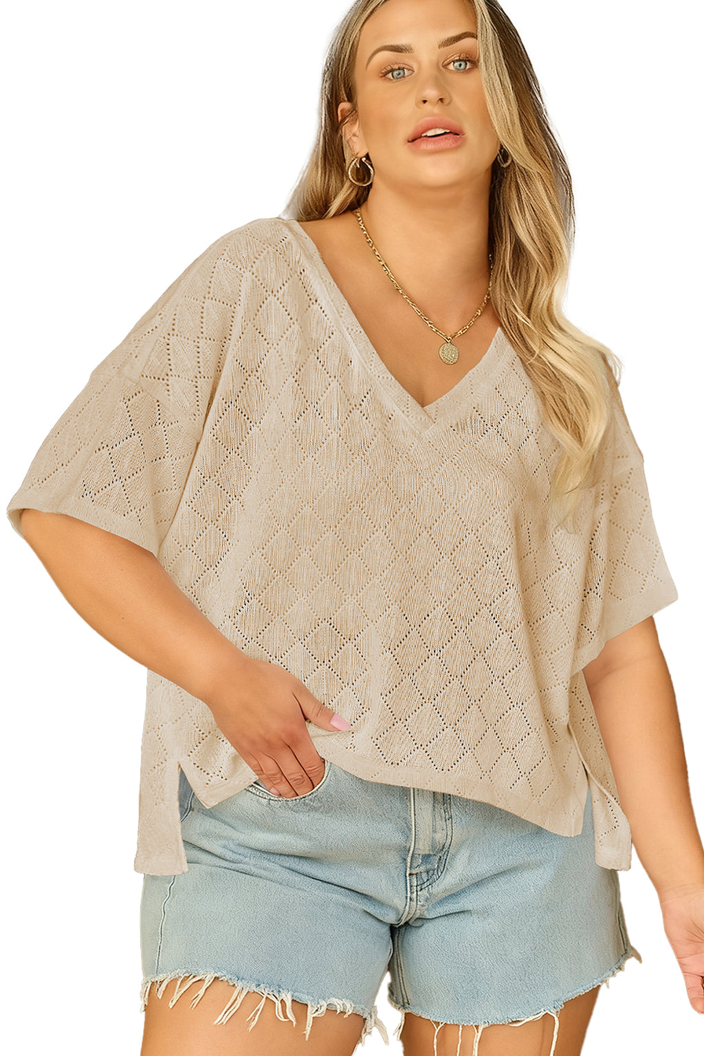 Golden Fleece Pointelle Rhombus Knit Plus Size V Neck Loose Top