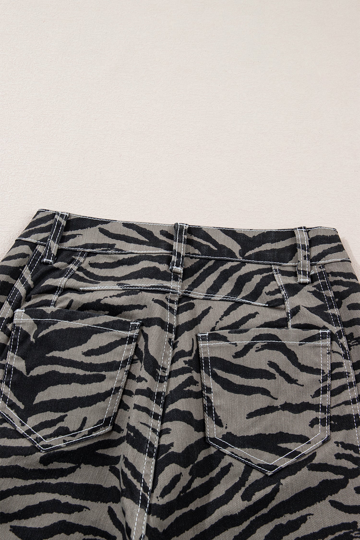 Gray Zebra Stripe Printed Wide Leg Barrel Jeans