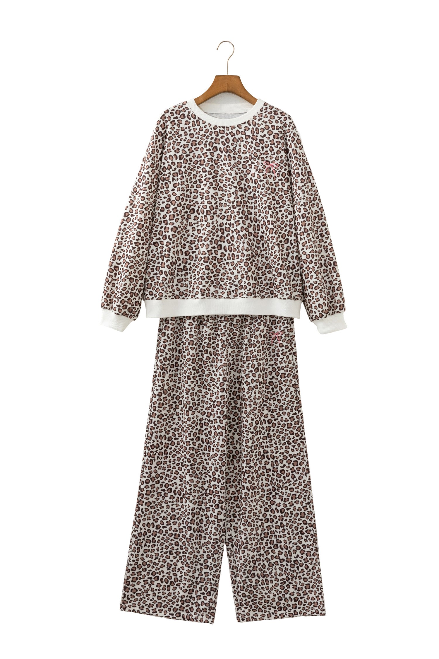 Khaki Leopard Print Embroidery Colorblock Details Pant Set