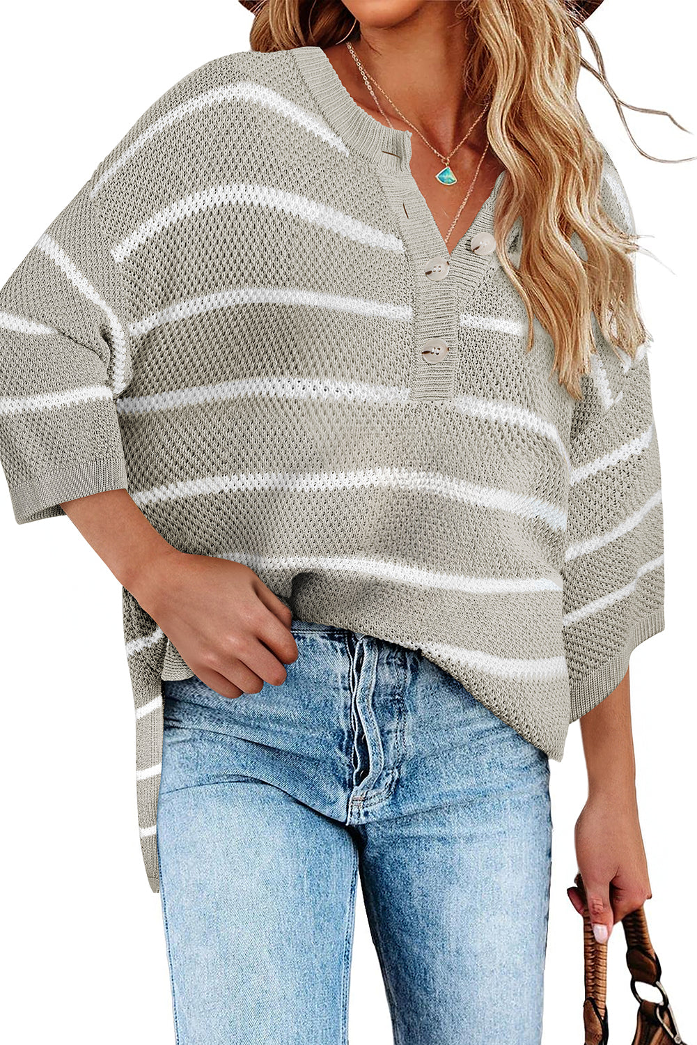 Gray Stripe Henley Buttoned Placket Drop Shoulder Bracelet Sleeve Knit Sweater Tee