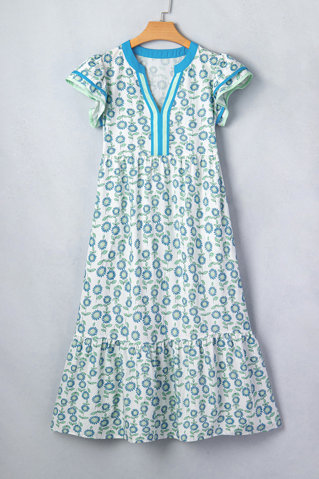 Sky Blue Cute Sunflower Printed Striped Patchwork Trim Flutter Sleeve Long Dress