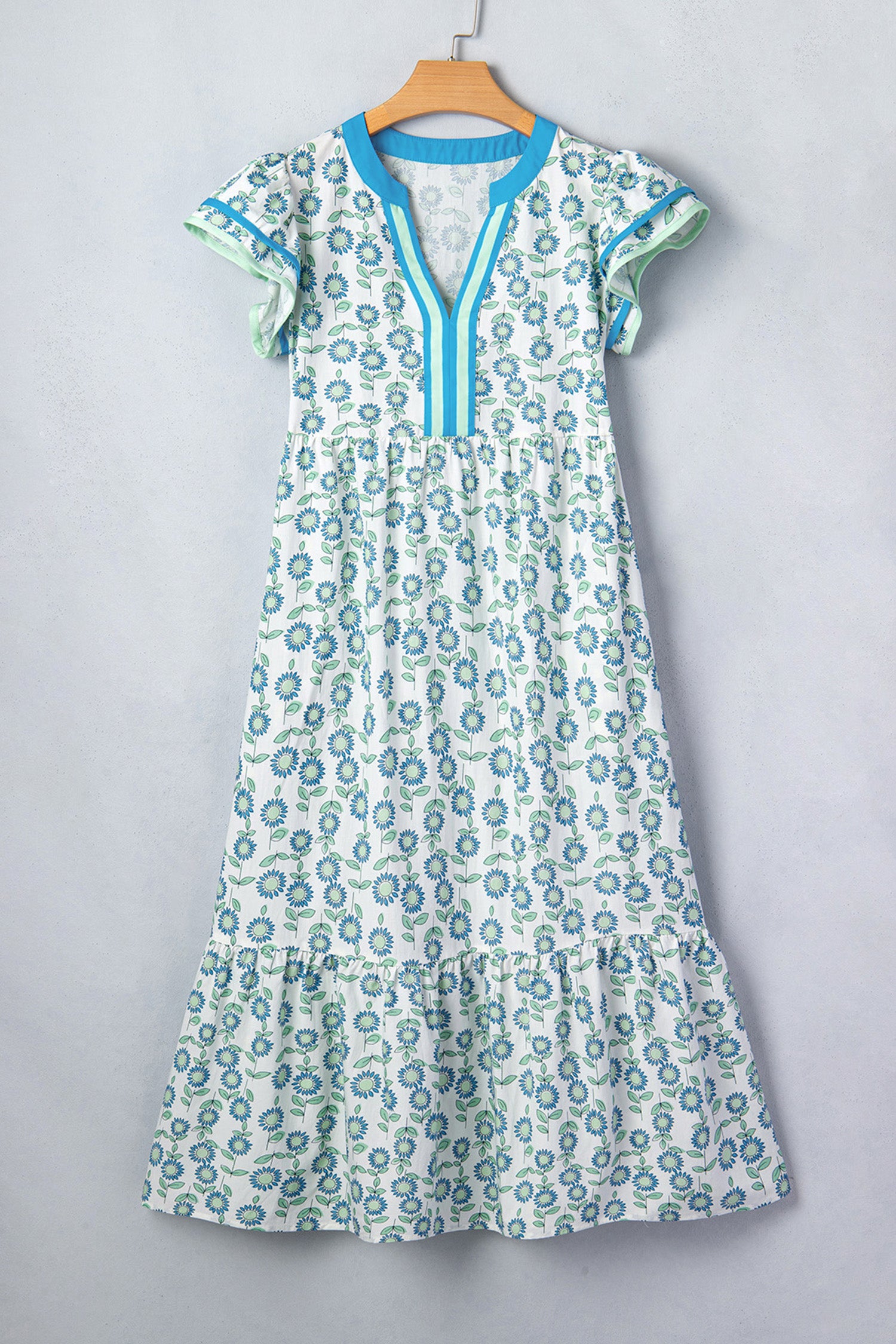 Sky Blue Cute Sunflower Printed Striped Patchwork Trim Flutter Sleeve Long Dress