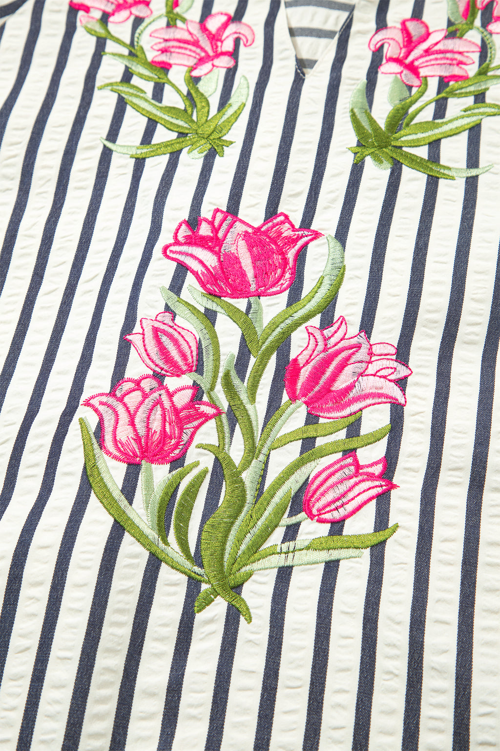 Blue Stripe Floral Embroidered Detail V Neck Short Sleeve Blouse