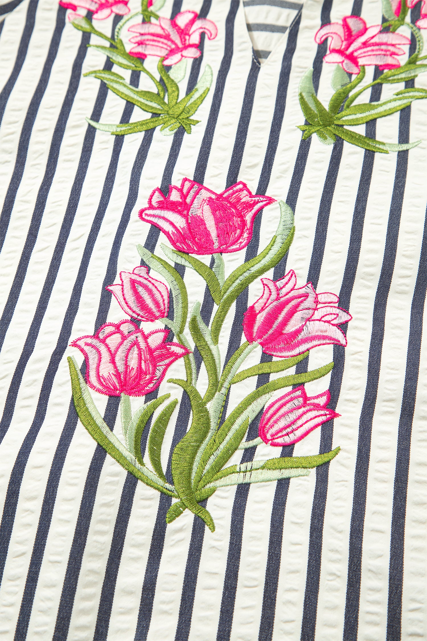 Blue Stripe Floral Embroidered Detail V Neck Short Sleeve Blouse