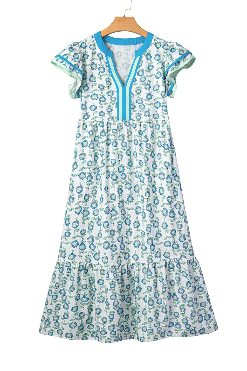 Sky Blue Cute Sunflower Printed Striped Patchwork Trim Flutter Sleeve Long Dress