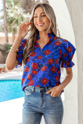 Blue Ruffled Short Balloon Sleeve Frilled V Neck Floral Blouse