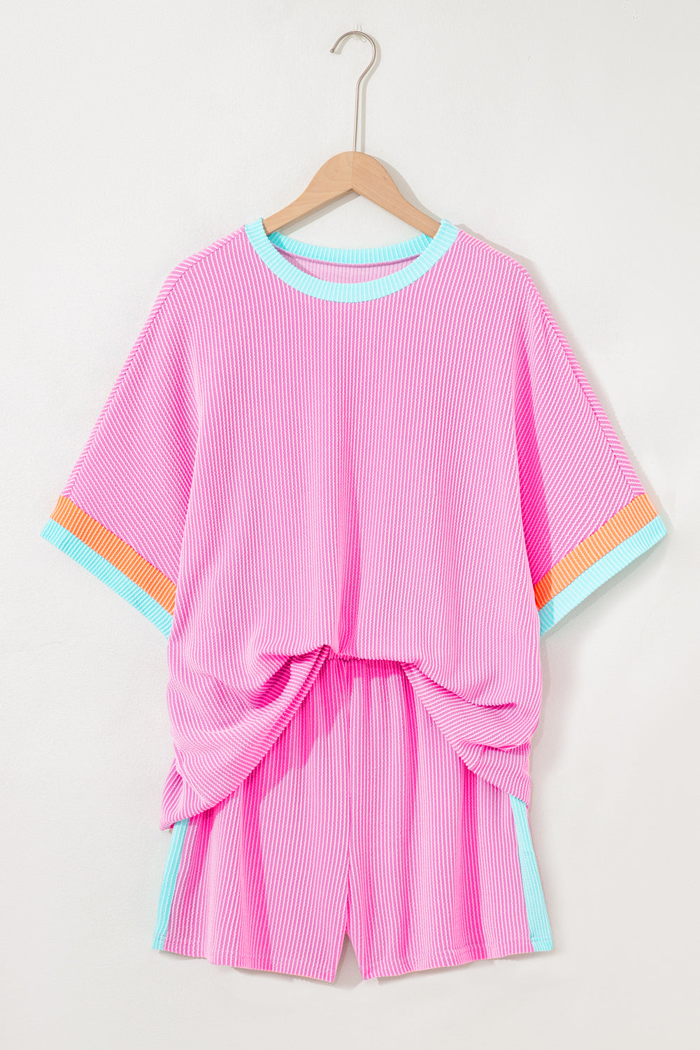 Bonbon Plus Size Color Block Corded Knit Tee and Shorts Set