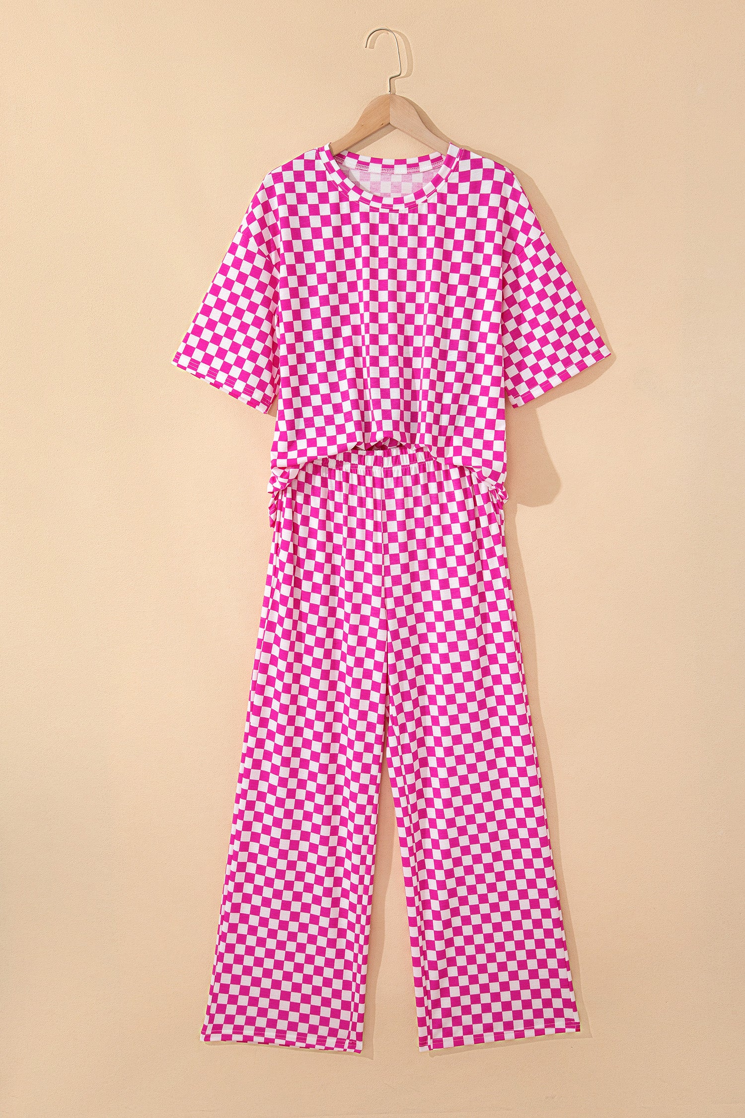 Rose Checkered Print Half Sleeve Tee 2pcs Lounge Pant Set