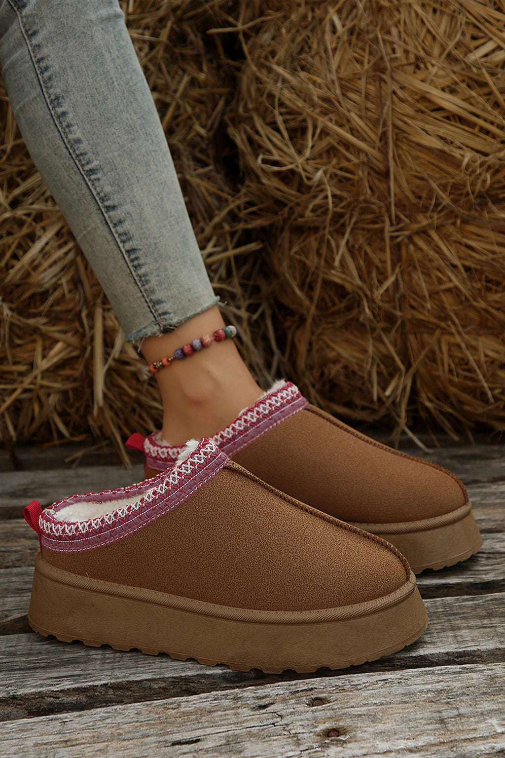 Chestnut Faux Suede Embroidered Detail Plush Lined Platform Slippers