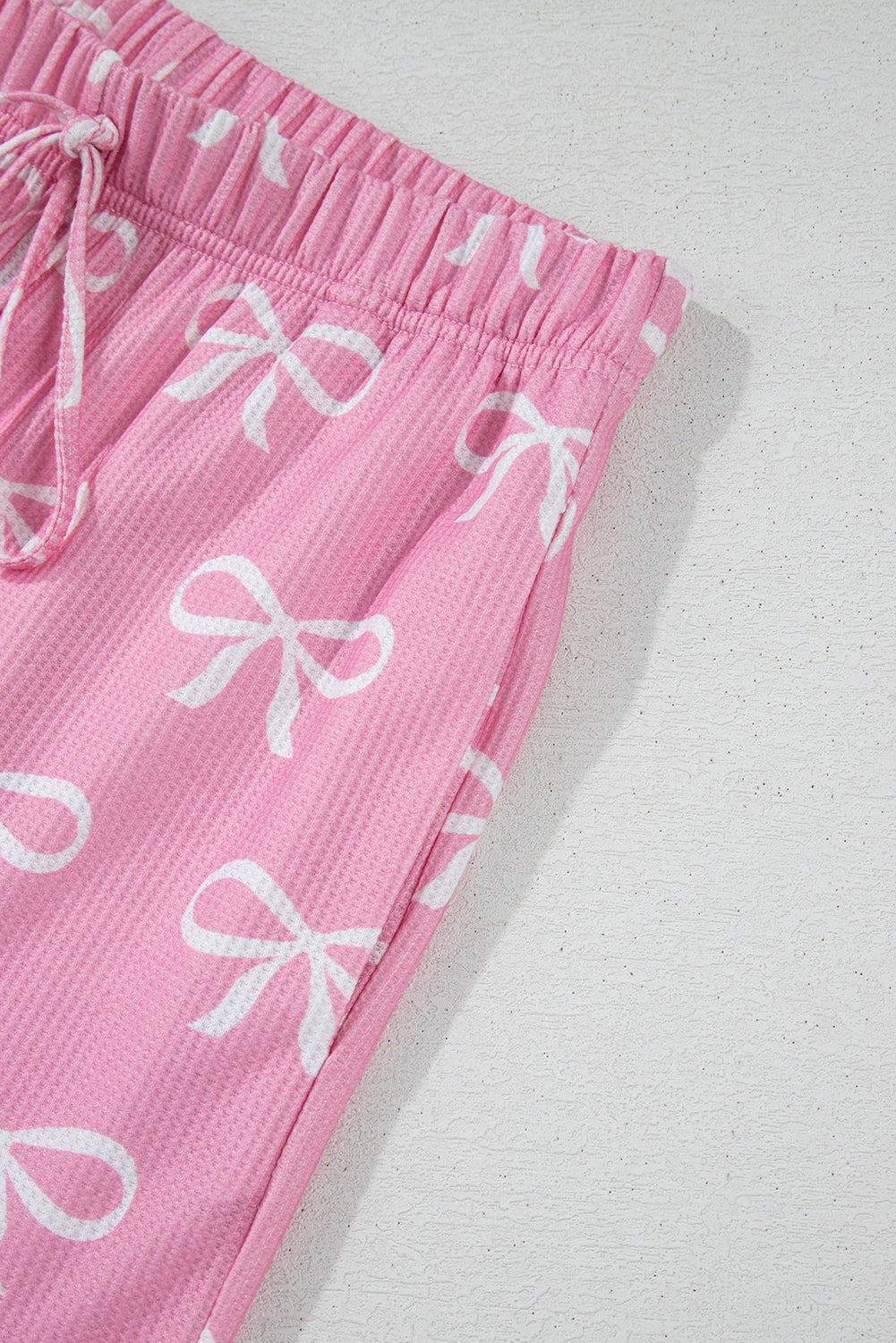 Pink Waffle Knit Bowknot Printed V Neck T Shirt and Shorts Set