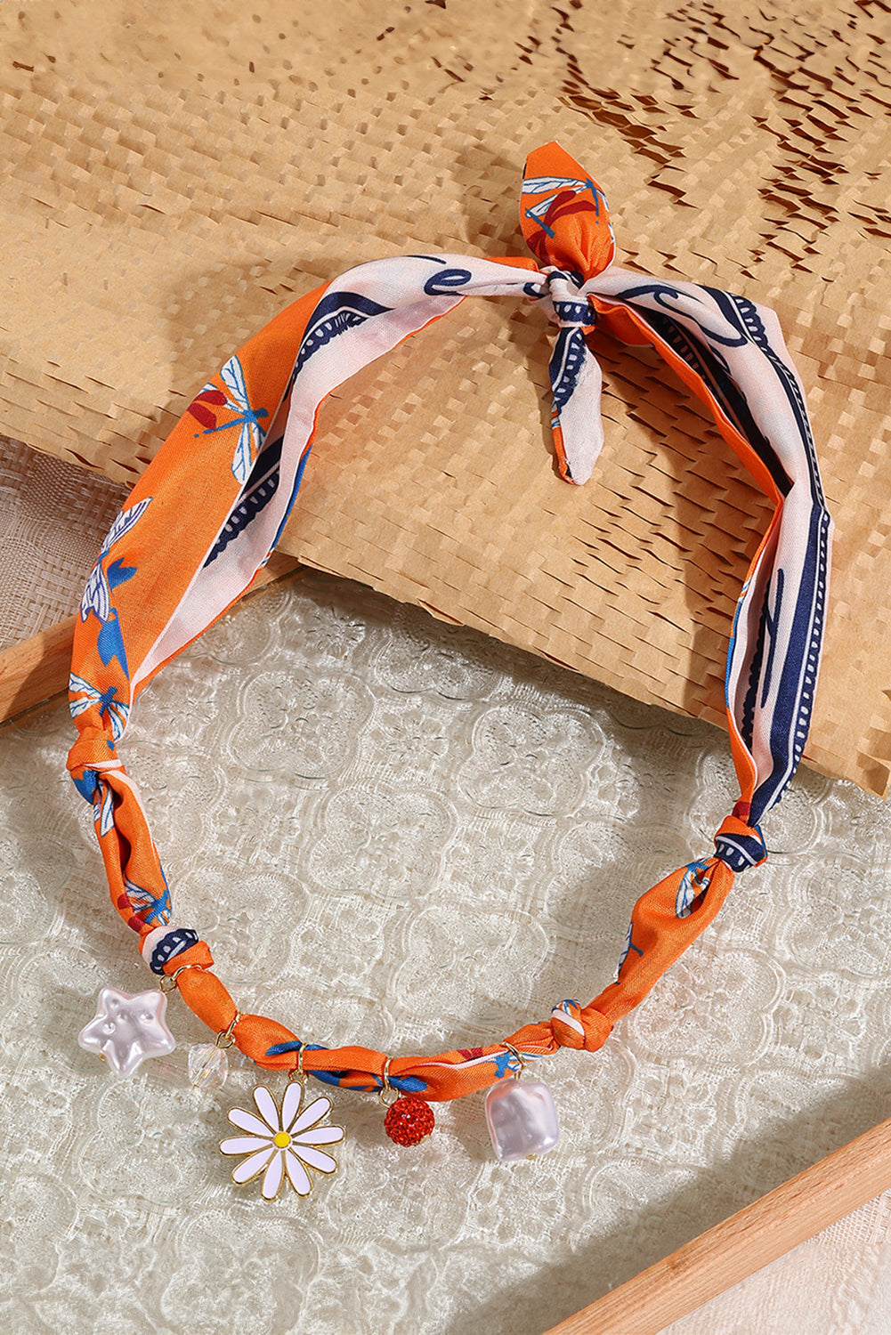 Orange Dragonfly Print Daisy Flower Pearl Crystal Decor Ribbon Necklace