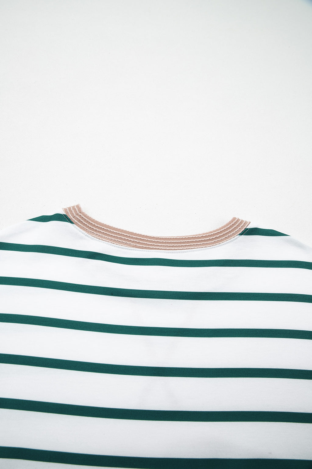 White Stripe Twisted Ribbed Patchwork Drop Shoulder Round Neck Sweatshirt