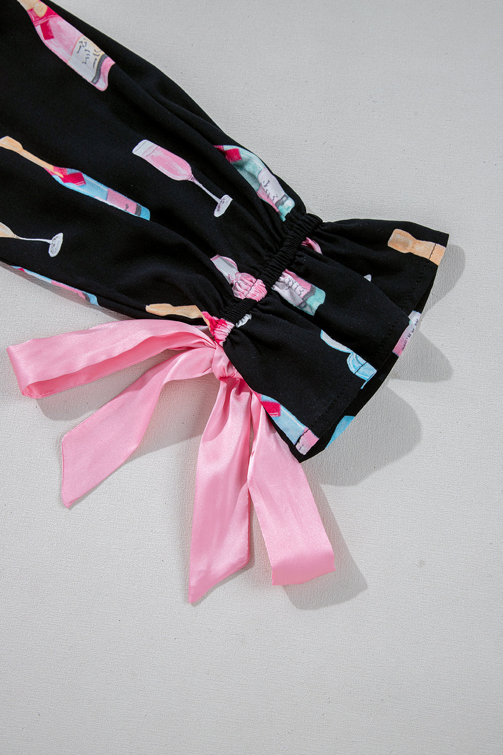 Color black Christmas Wine Glass Print Bow Knot Two Piece Pajama Set