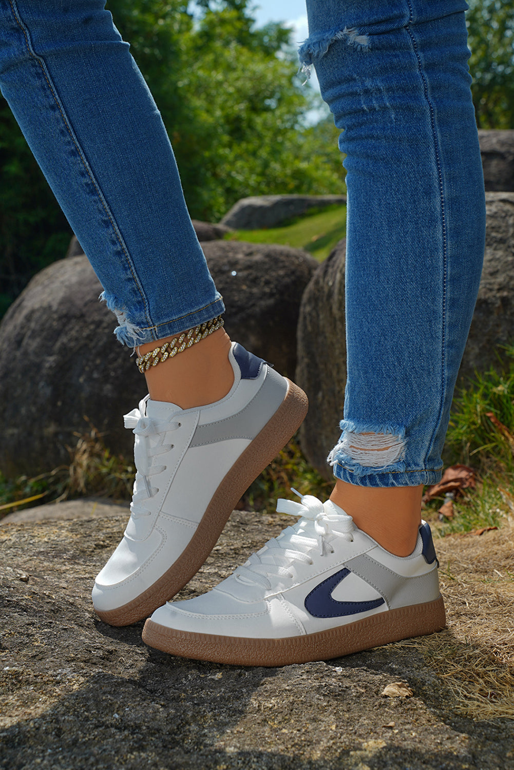 Navy Blue Color Contrast PU Leather Lace-up Sneakers