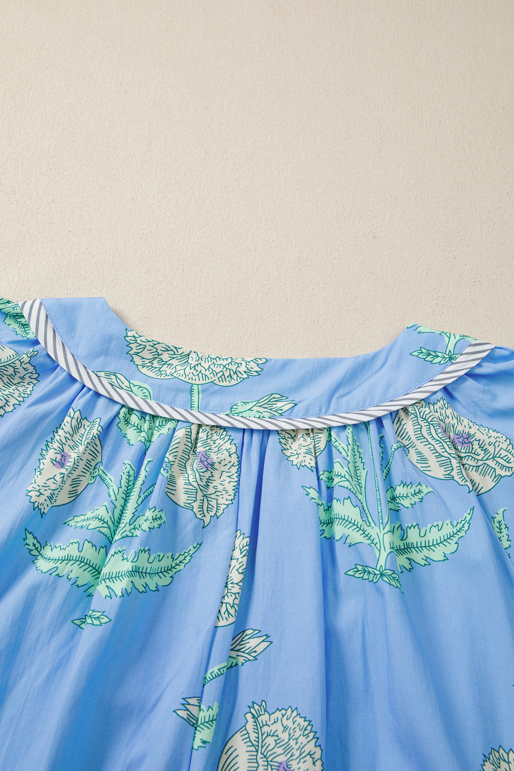 Sky Blue Plus Periwinkle Floral Printed Short Sleeve Striped Trim Split Neck Mini Dress