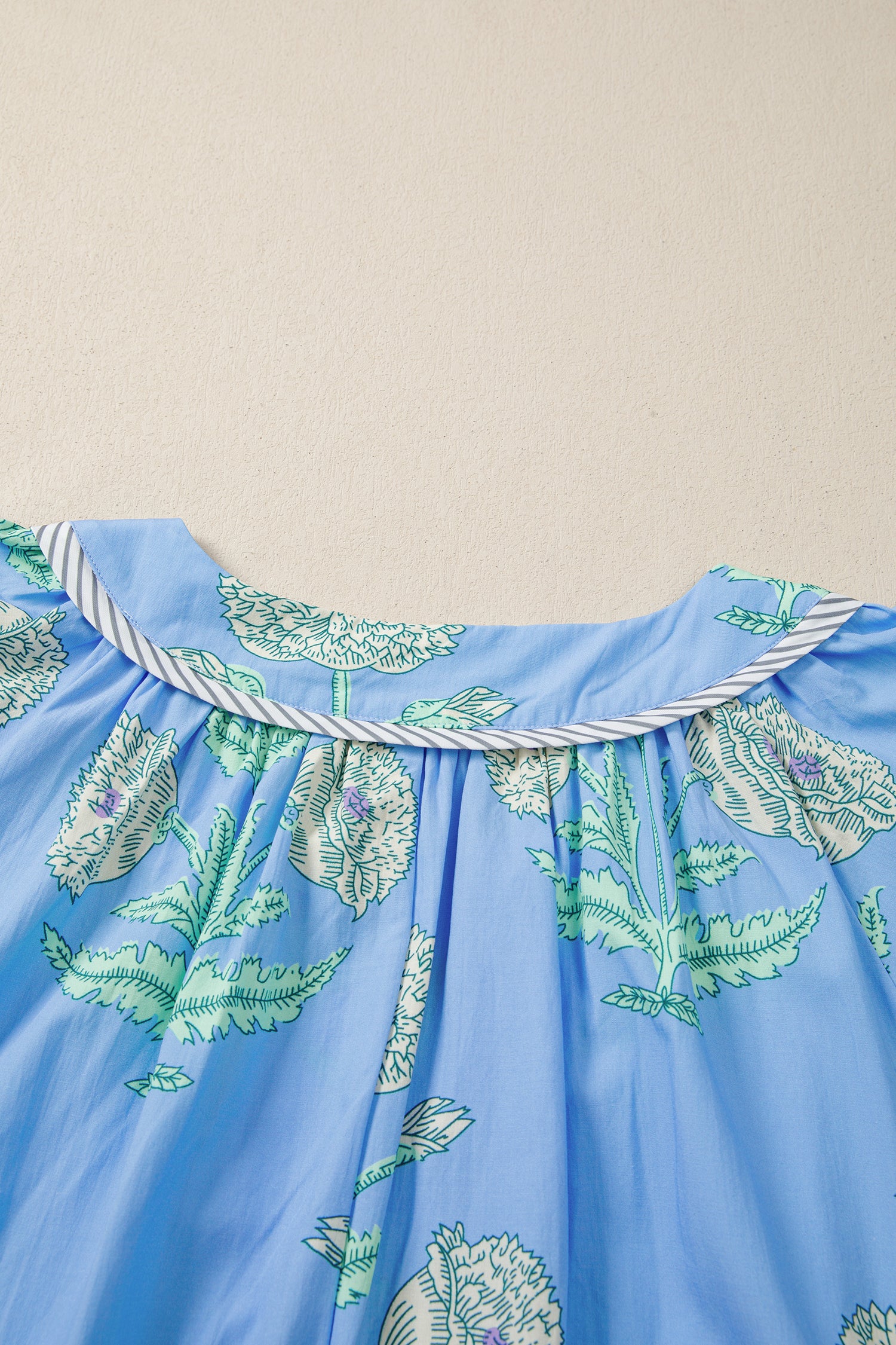Sky Blue Plus Periwinkle Floral Printed Short Sleeve Striped Trim Split Neck Mini Dress