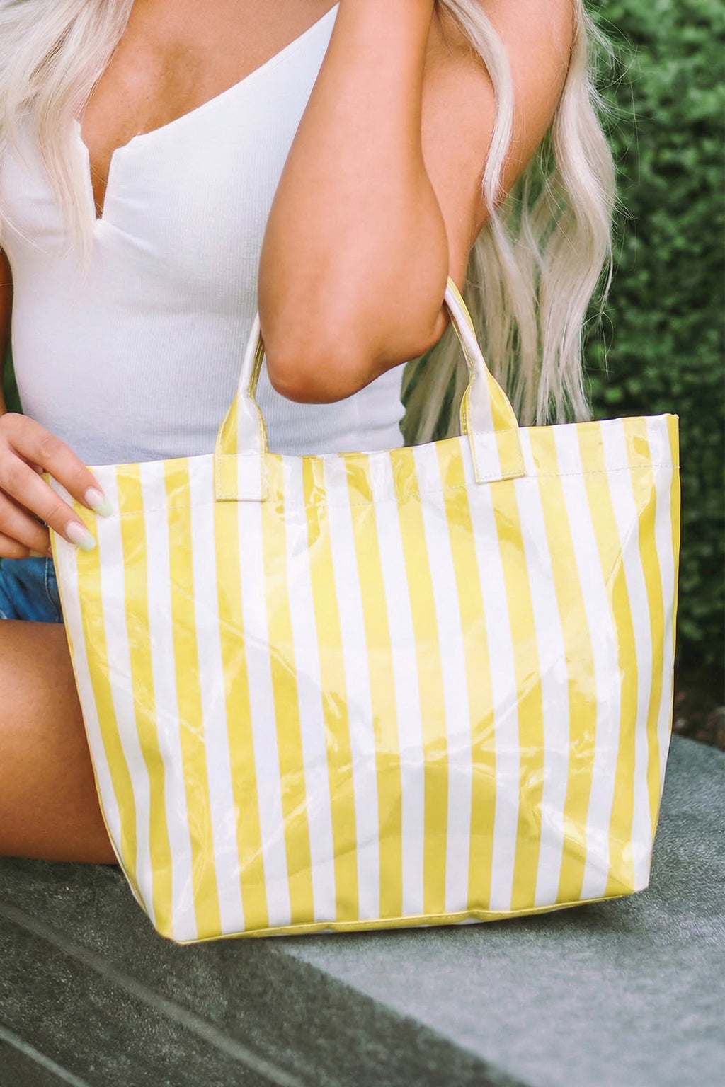 Yellow Cream Glossy Striped Vinyl Large Tote Bag (Color Varied)