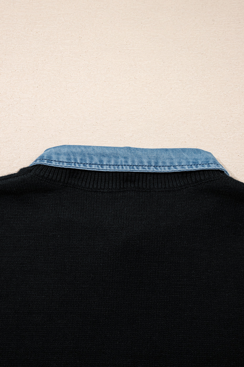 Black Solid Color Knit Contrast Denim Patchwork Collar Sweater Vest