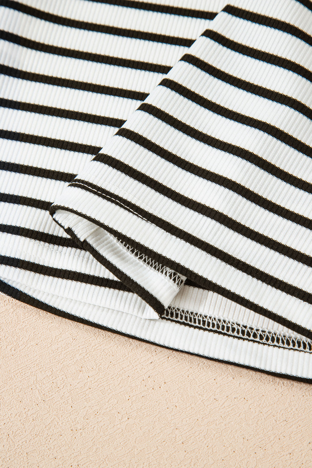 Black Stripe Ribbed Knit Half Button Long Sleeve Slim Top