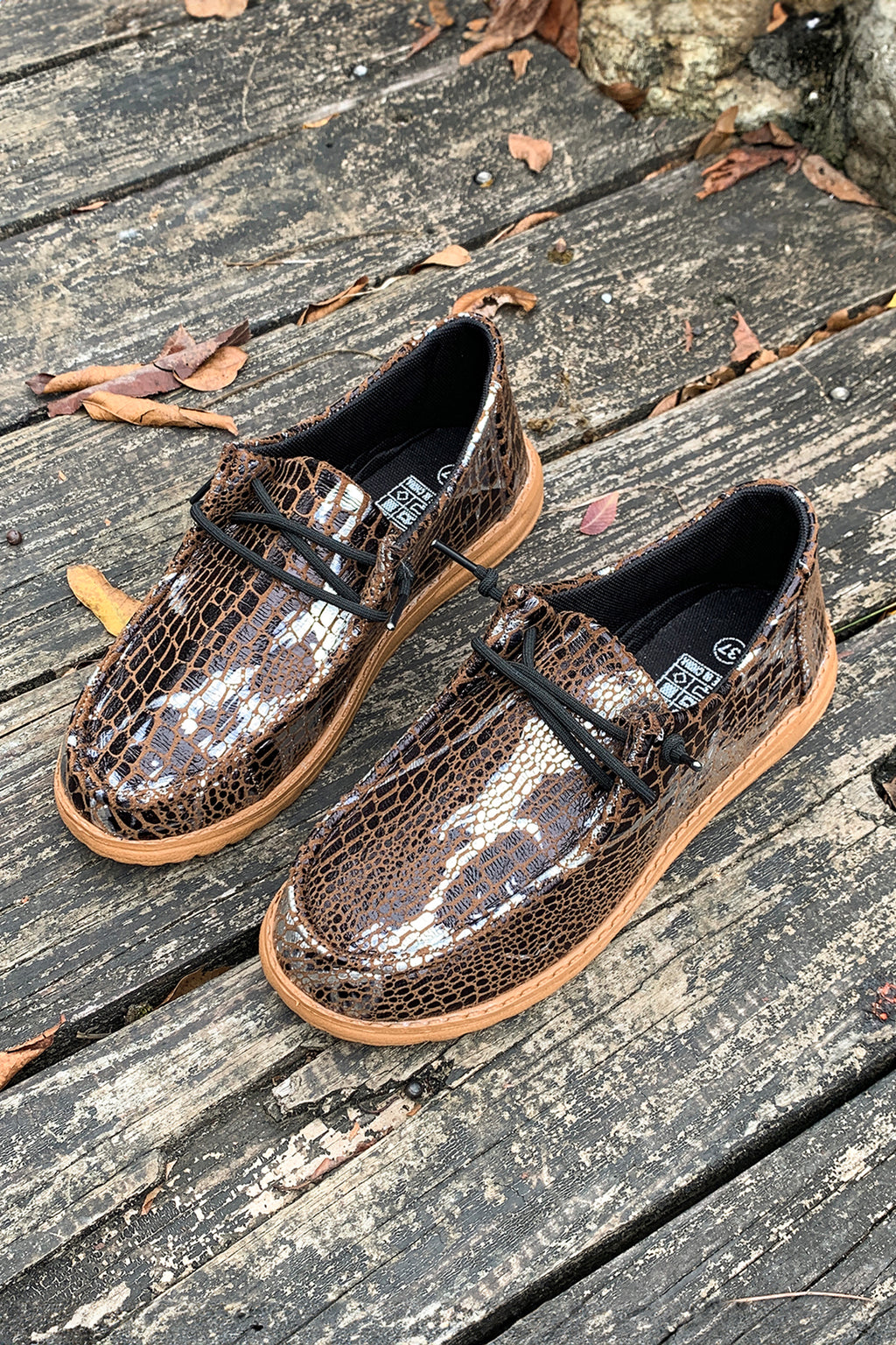Coffee Sleek Snake Skin Print Lace-up Detail Comfort Loafer Shoes