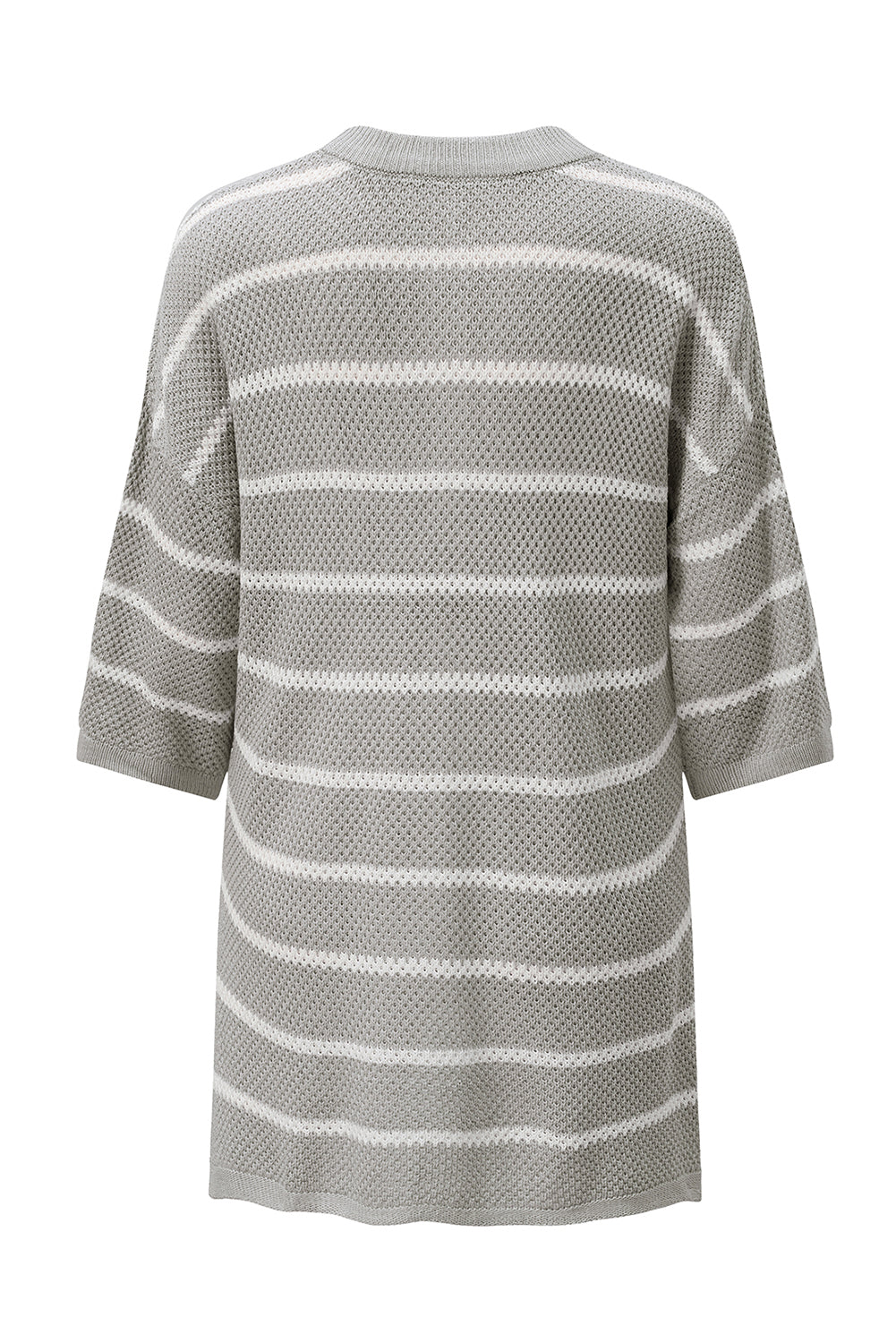 Gray Stripe Henley Buttoned Placket Drop Shoulder Bracelet Sleeve Knit Sweater Tee