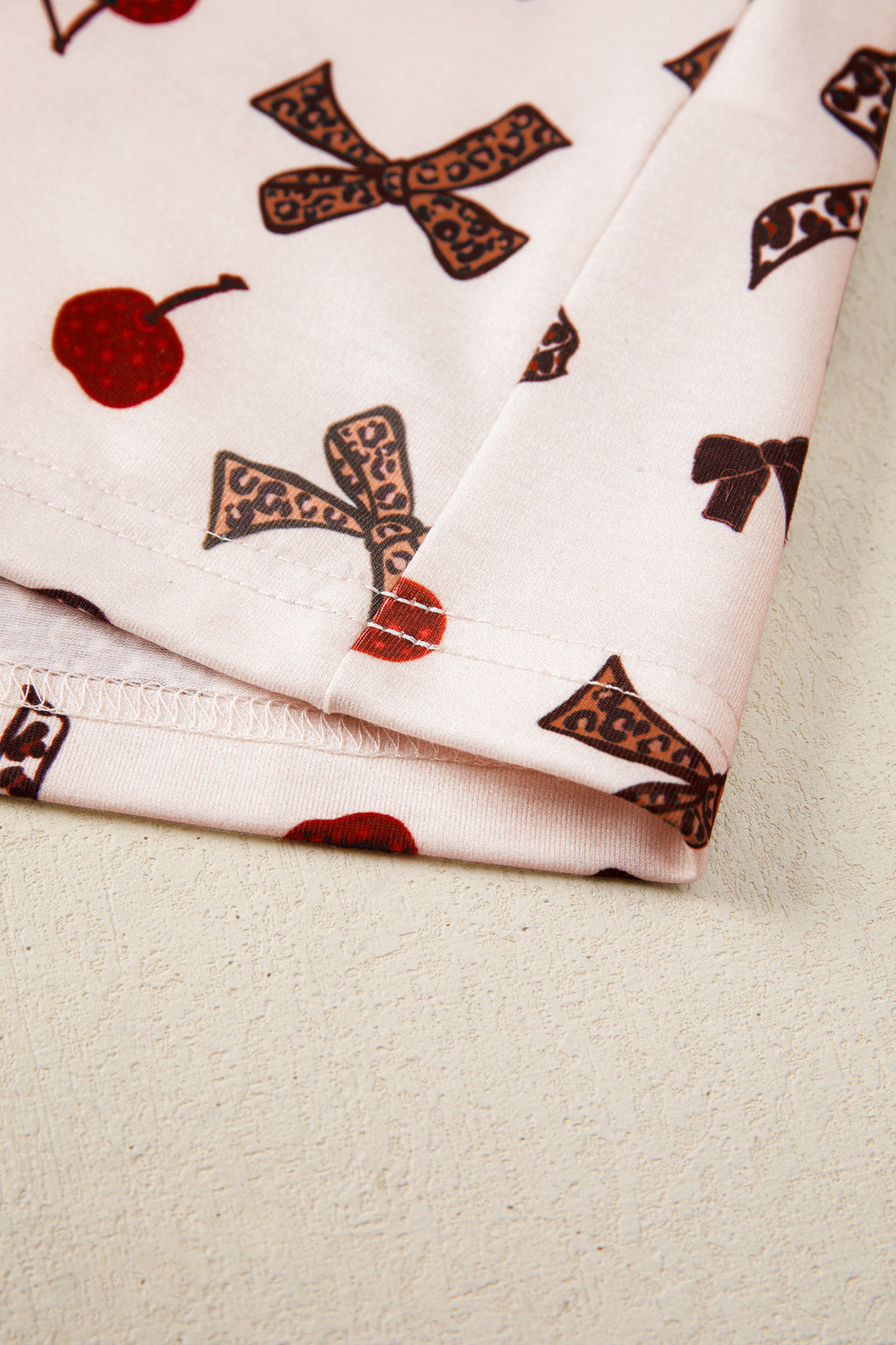 White Chic Bow Cherry Printed Leopard Contrast Patchwork Shirt Drawstring Shorts 2pcs PJ Set
