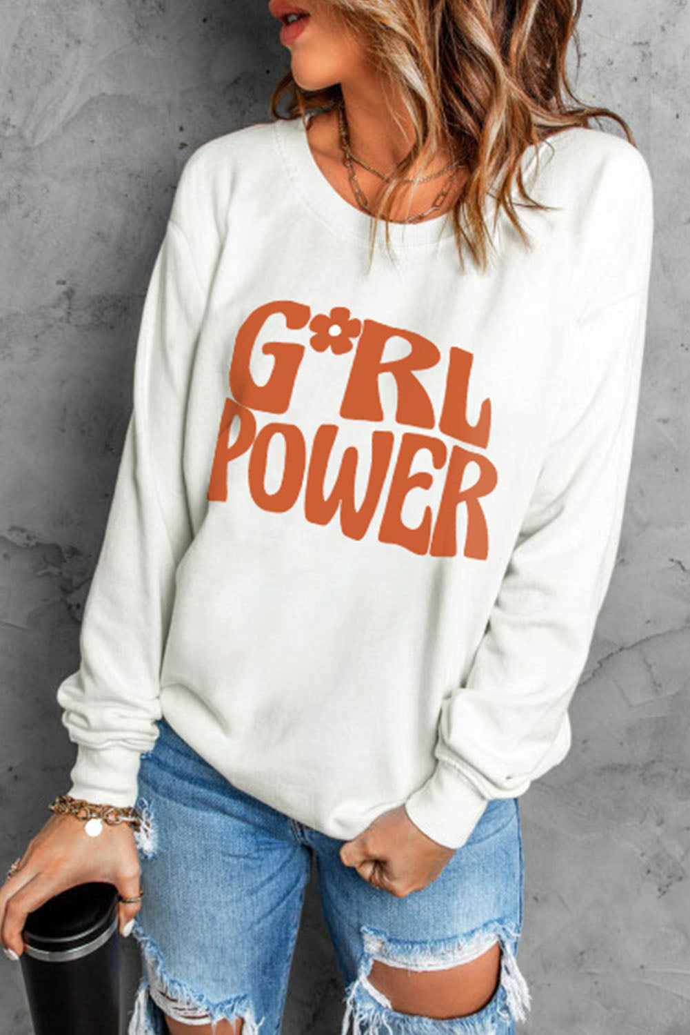 Beige GIRL POWER Graphic Round Neck Sweatshirt