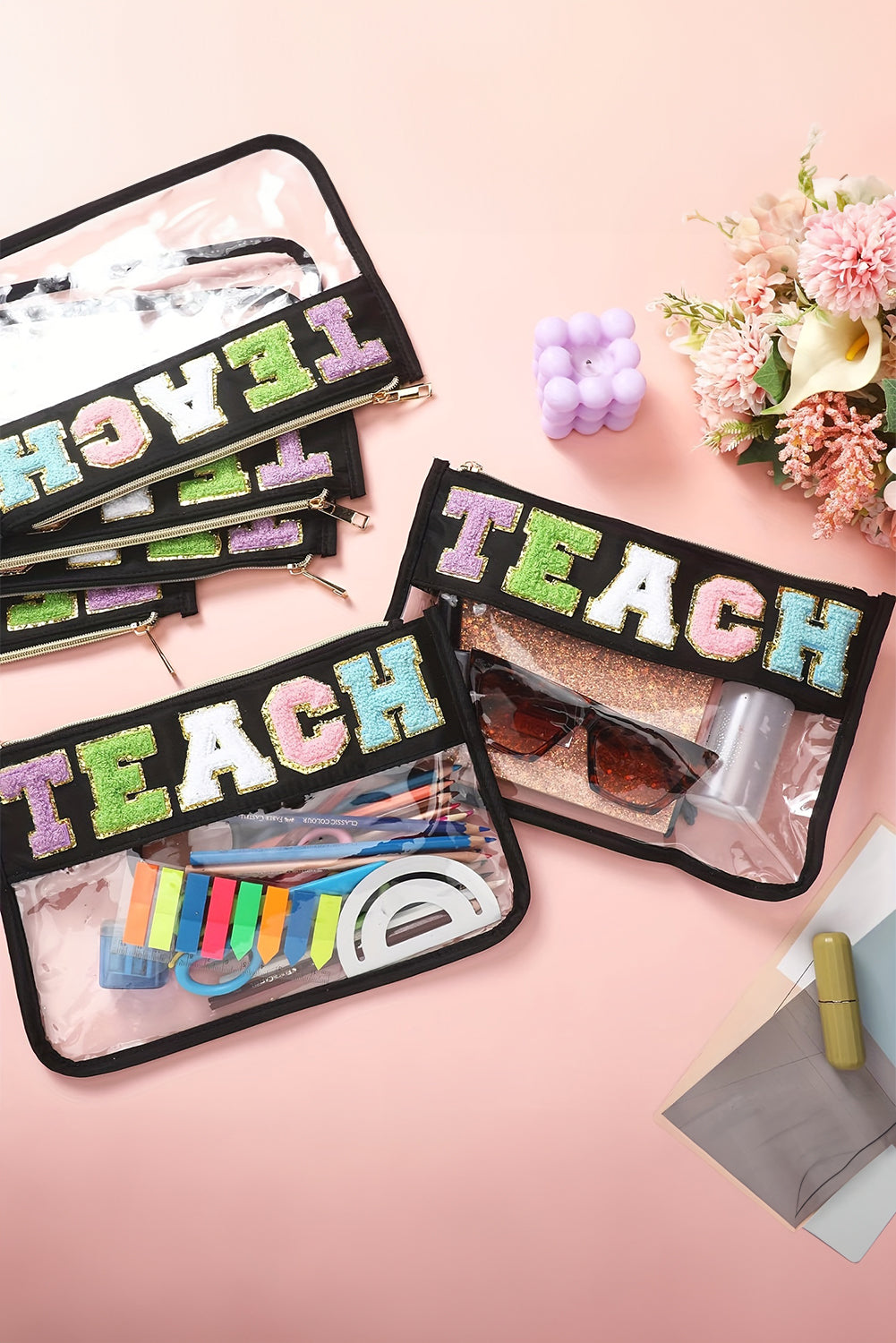 Black TEACH Glitter Chenille Clear PVC Makeup Bag