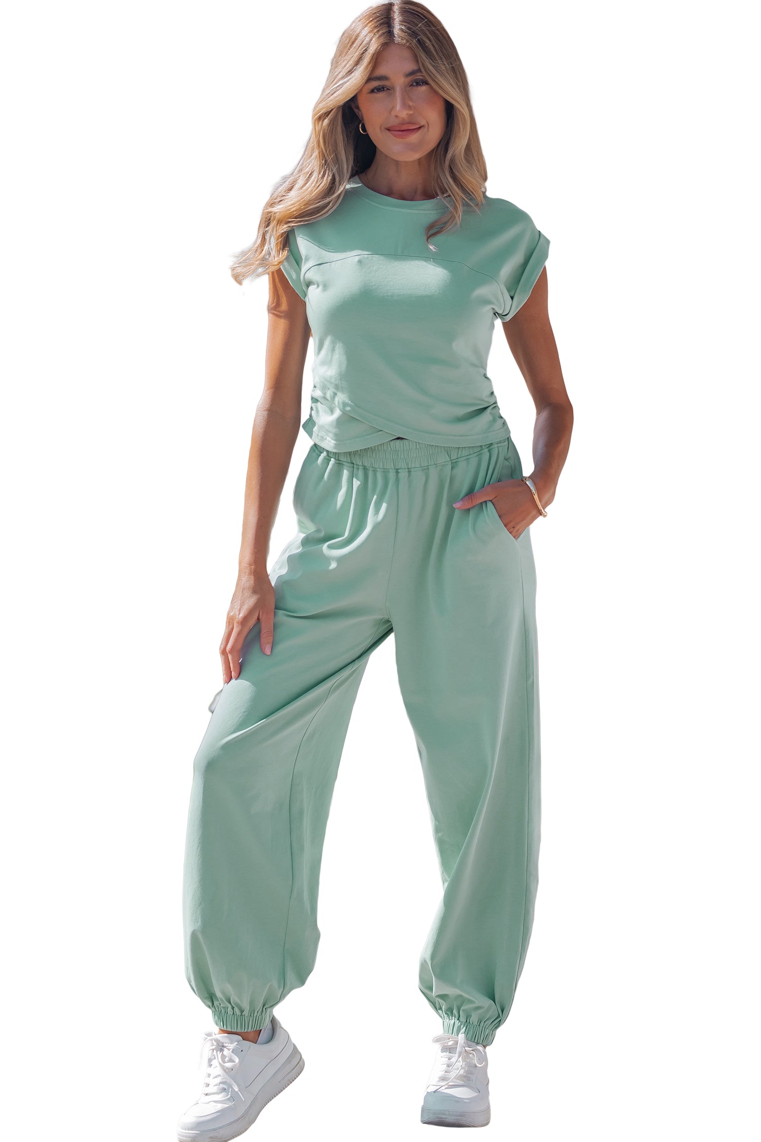Moonlight Jade Solid Color Cropped Tank Top and Jogger Pants Set