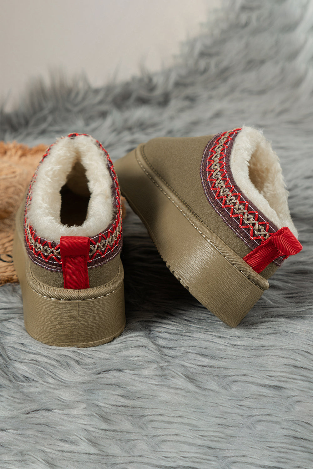 Sage Green Faux Suede Embroidered Detail Plush Lined Platform Slippers