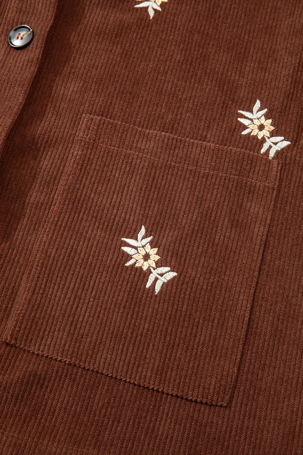 Coffee Floral Embroidered Collar Button Front Corduroy Jacket With Pocket