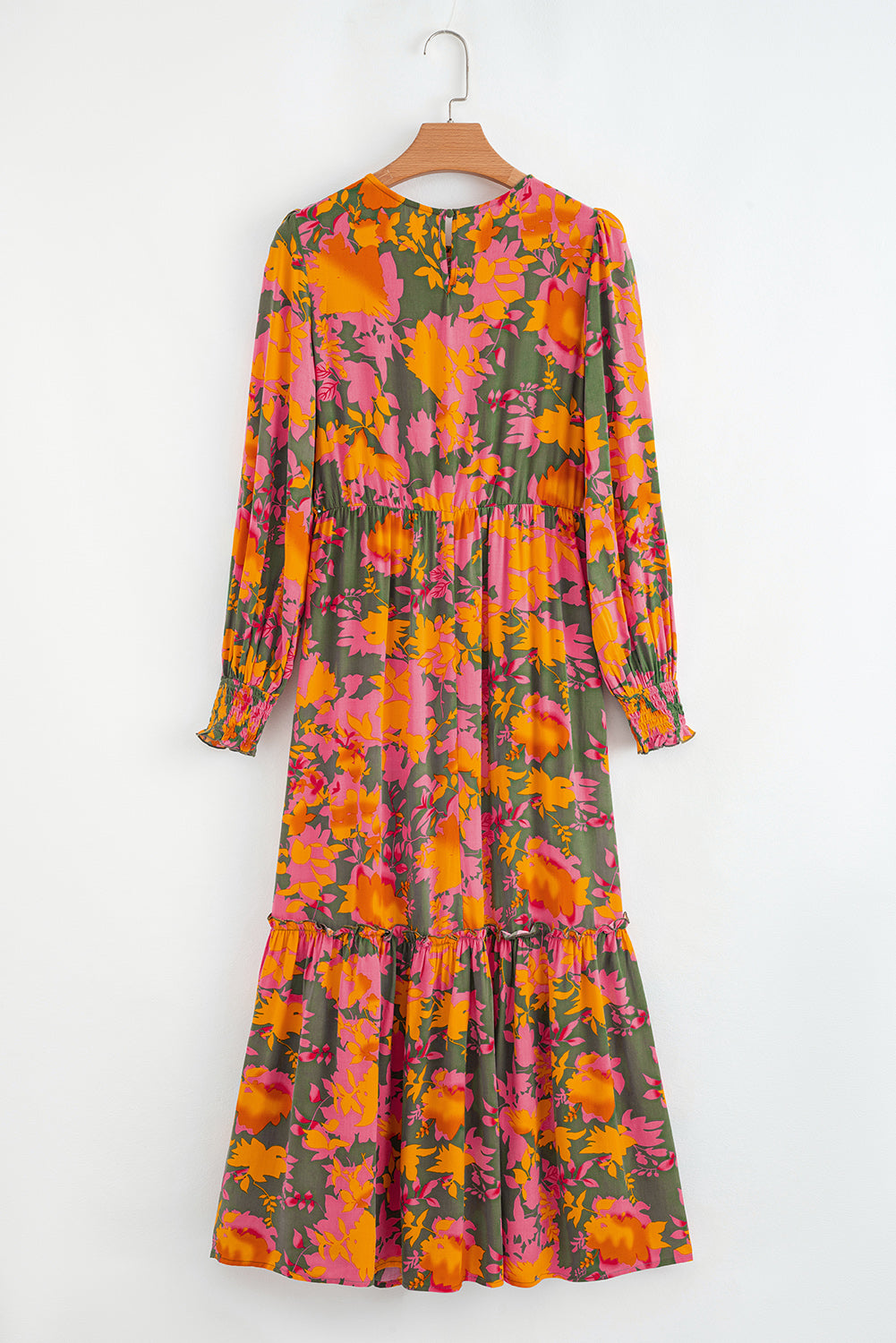 Orange Floral Puff Sleeve Smocked Bodice Ruffled Long Dress