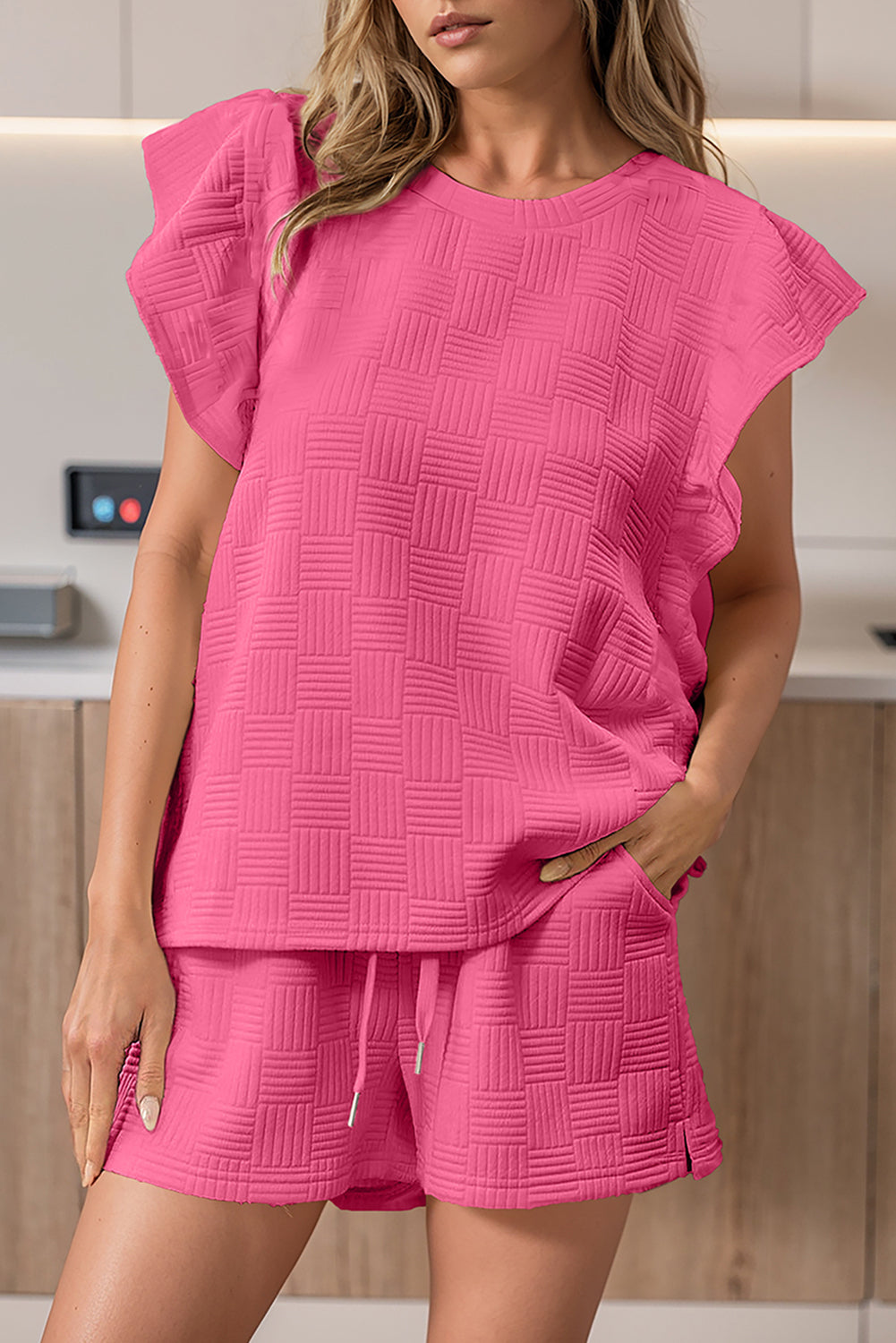 Bonbon Textured Ruffled Sleeve Tee and Drawstring Elastic Waistband Shorts Set