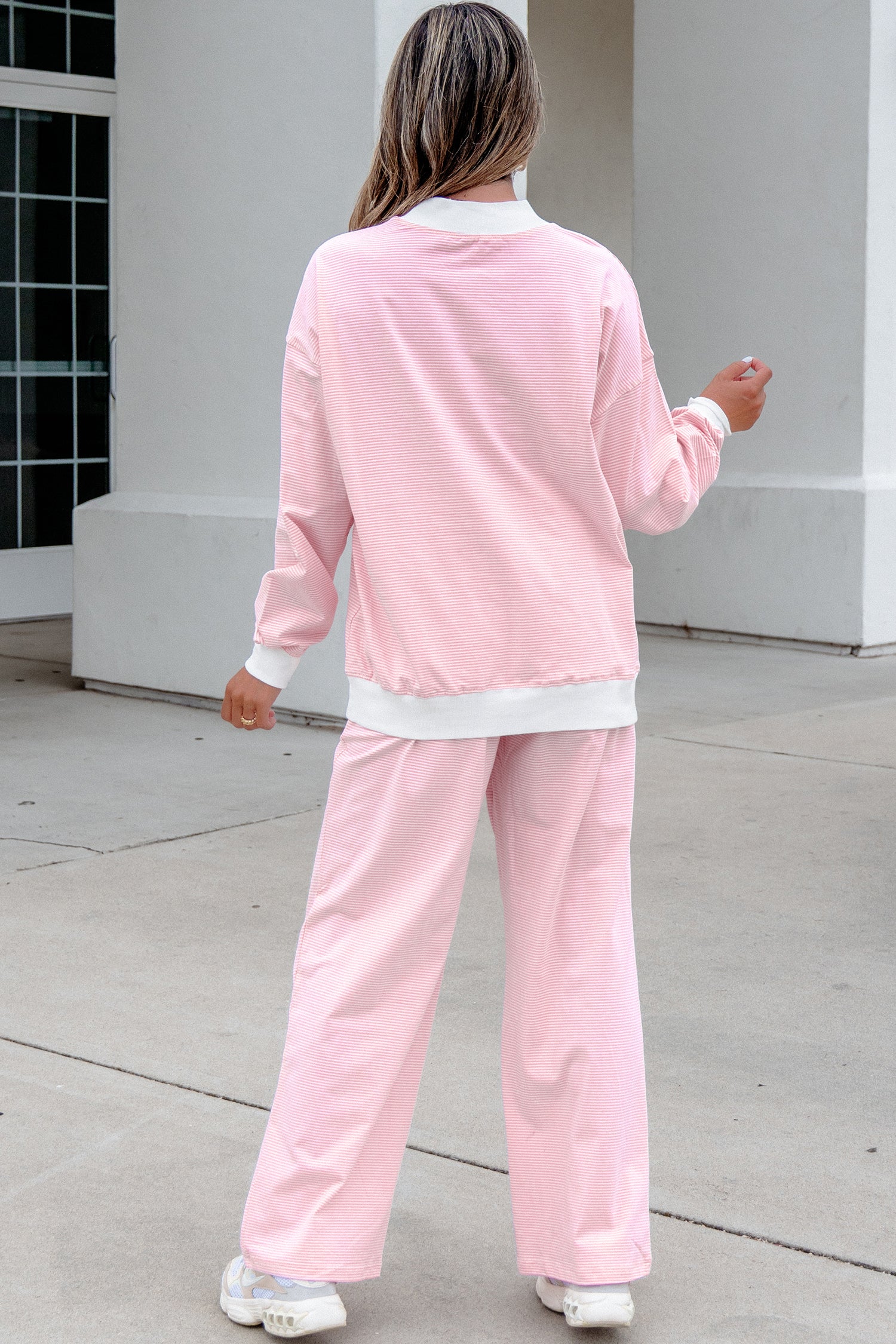 Pink Stripe Color Block Trim Mock Neck Pullover Drawstring Pants Casual Outfit