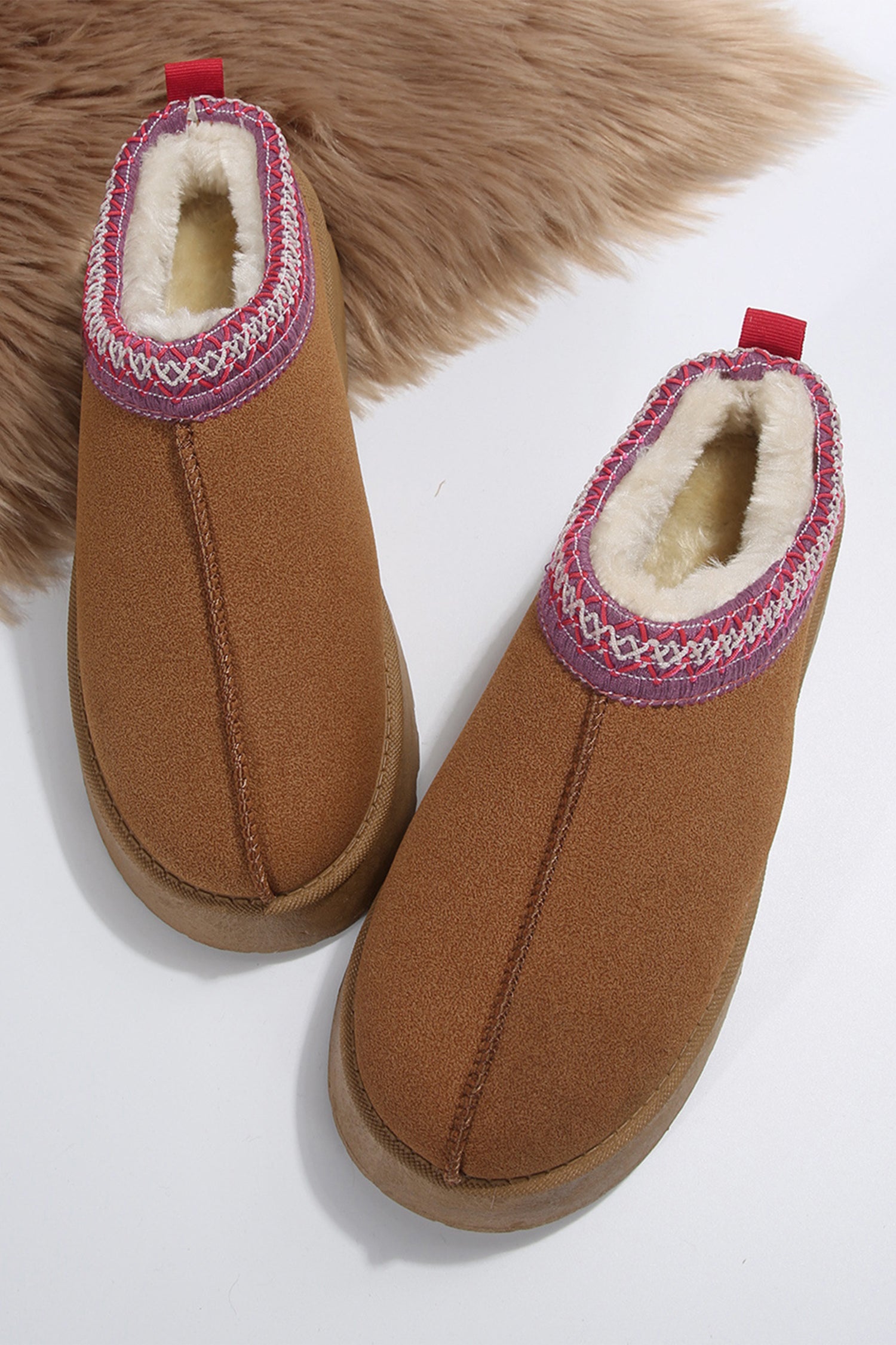 Chestnut Faux Suede Embroidered Detail Plush Lined Platform Slippers