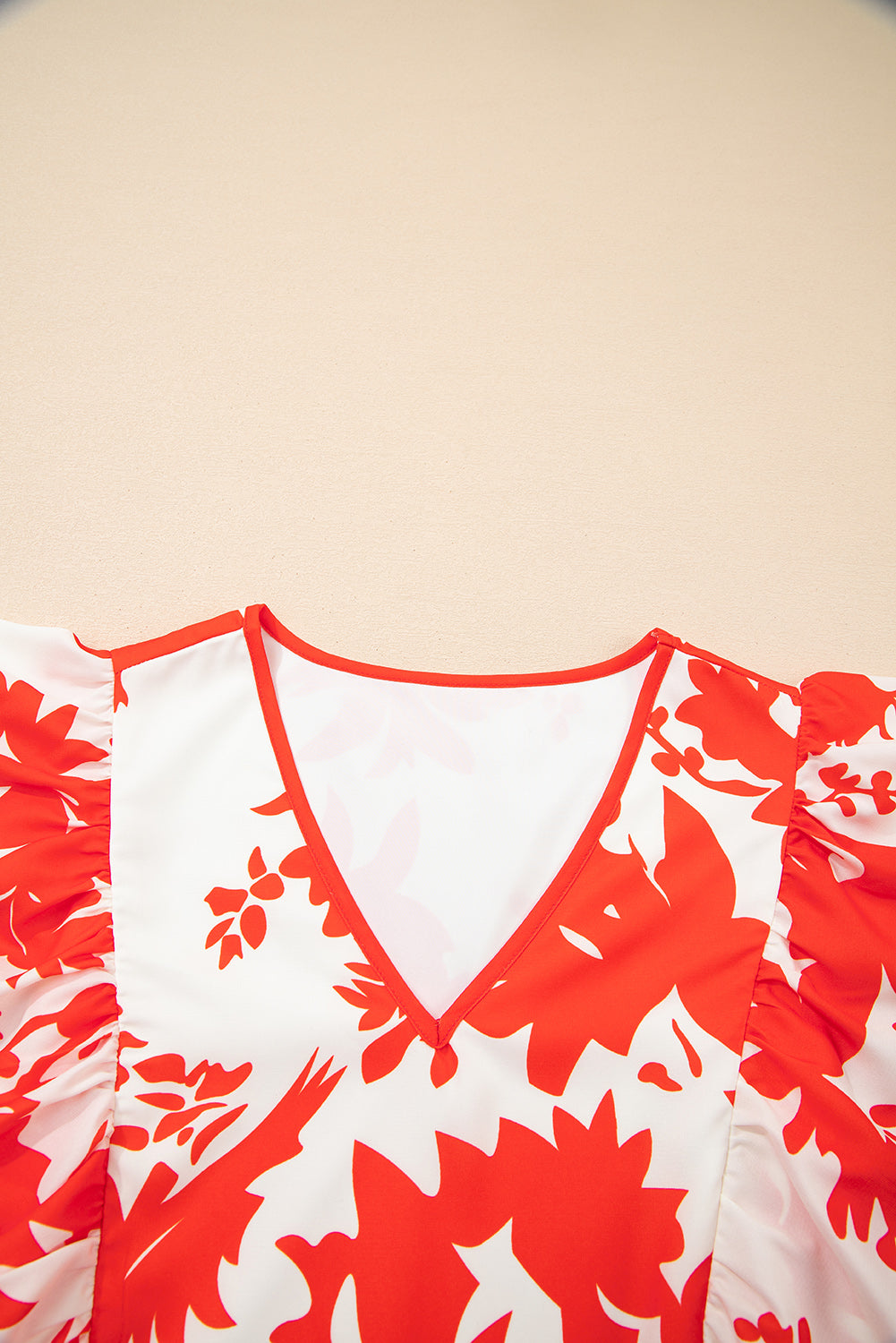 Red Floral Print Trimmed V Neck Ruffle Sleeve Long Dress